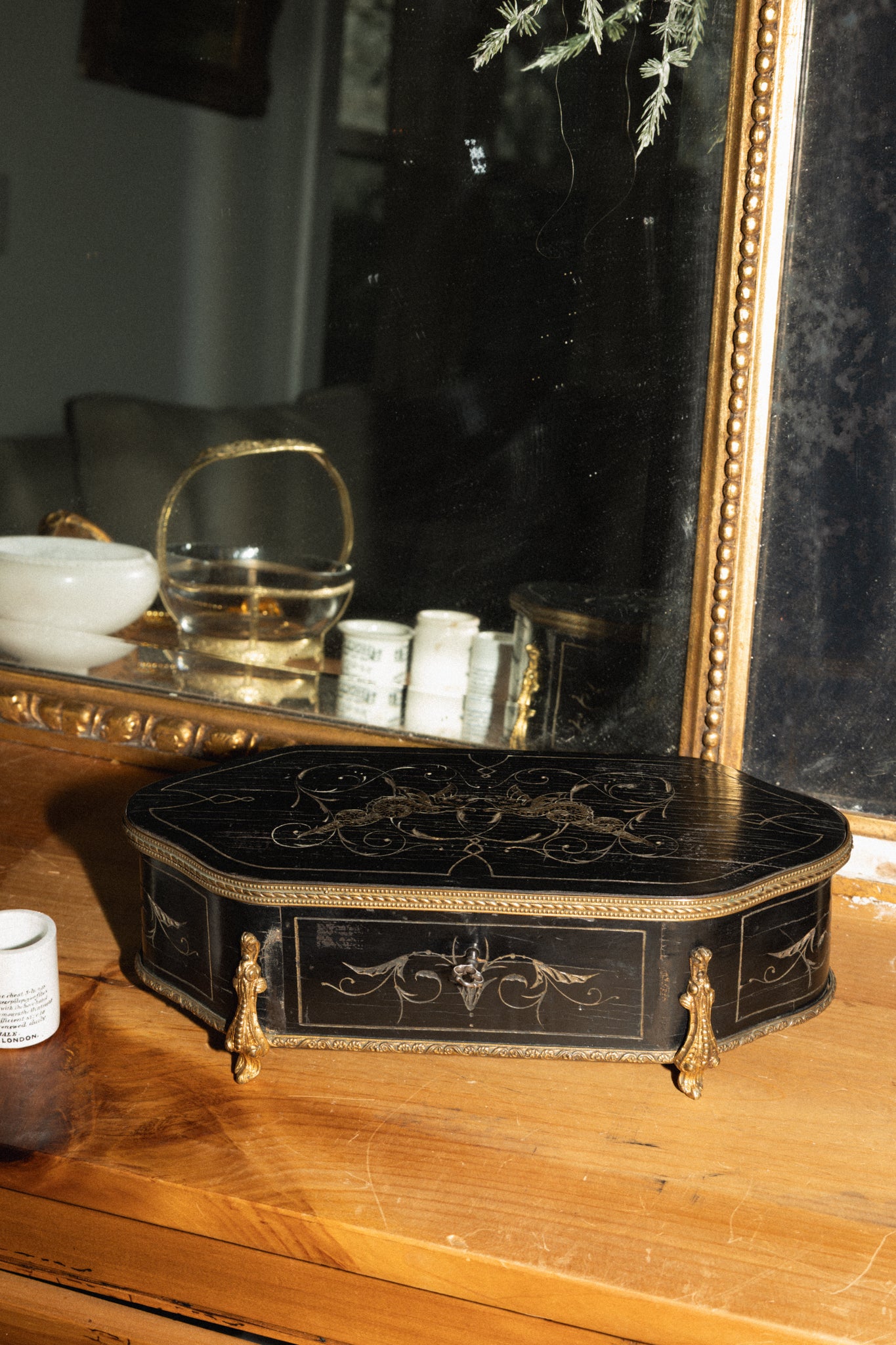 Antique French Black & Bronze Jewelry Box