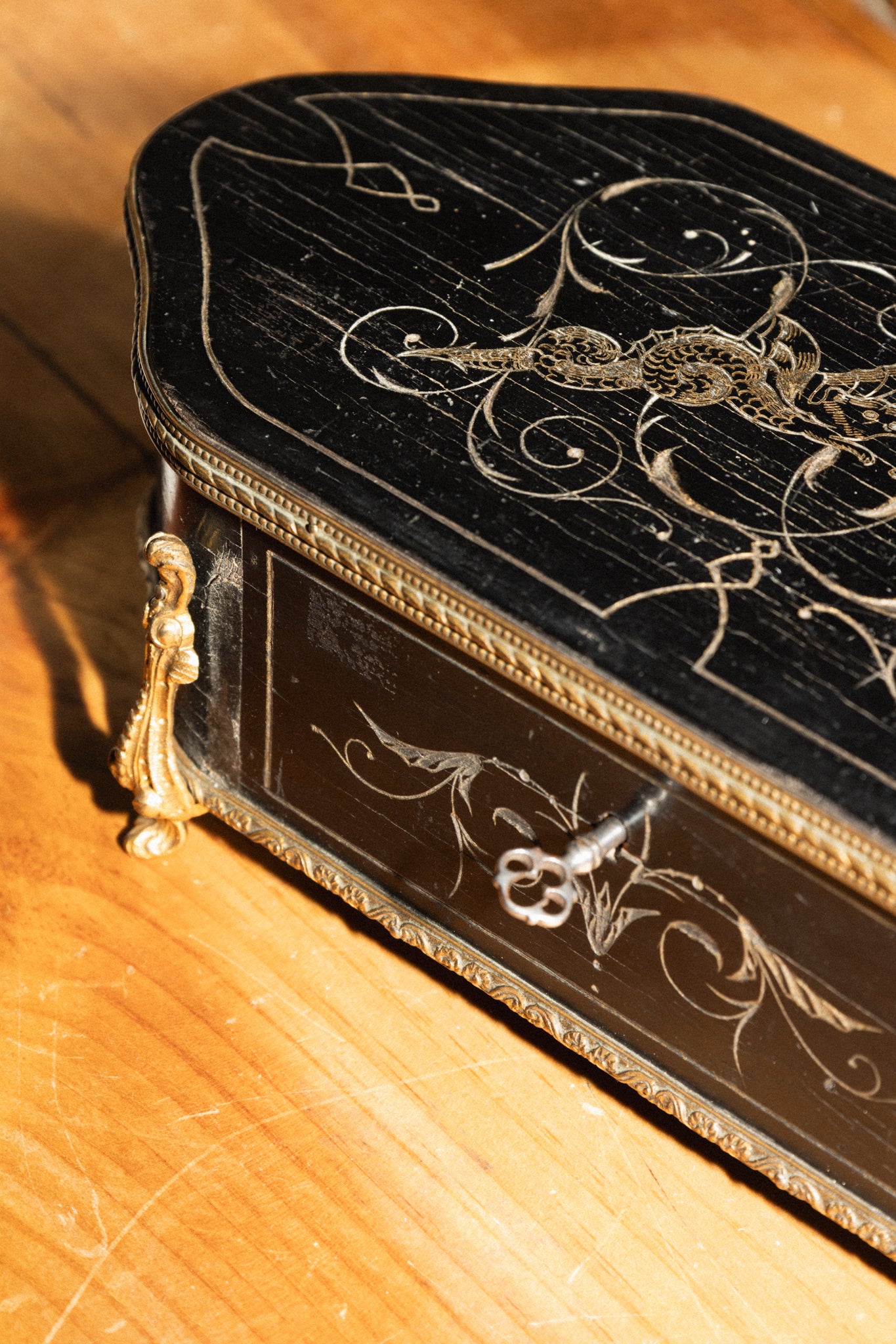 Antique French Black & Bronze Jewelry Box