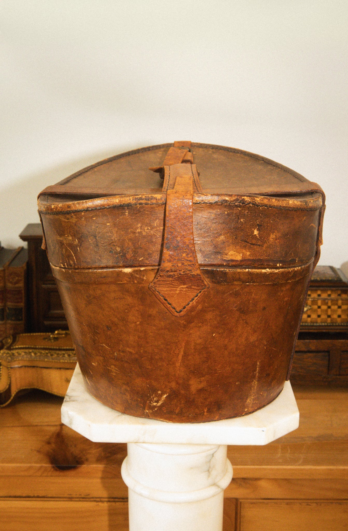 Antique Leather Hat Box with Top Hat
