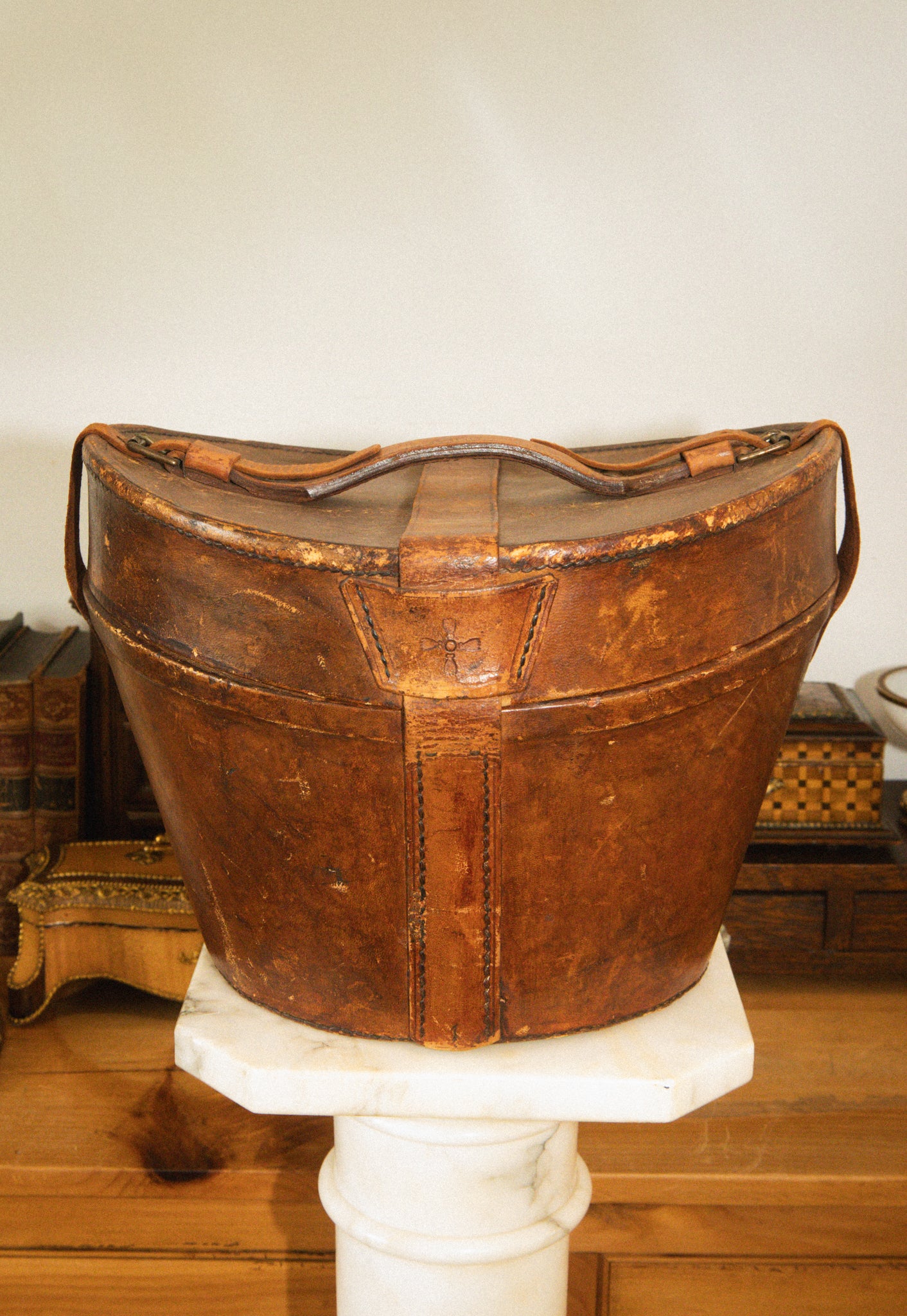 Antique Leather Hat Box with Top Hat