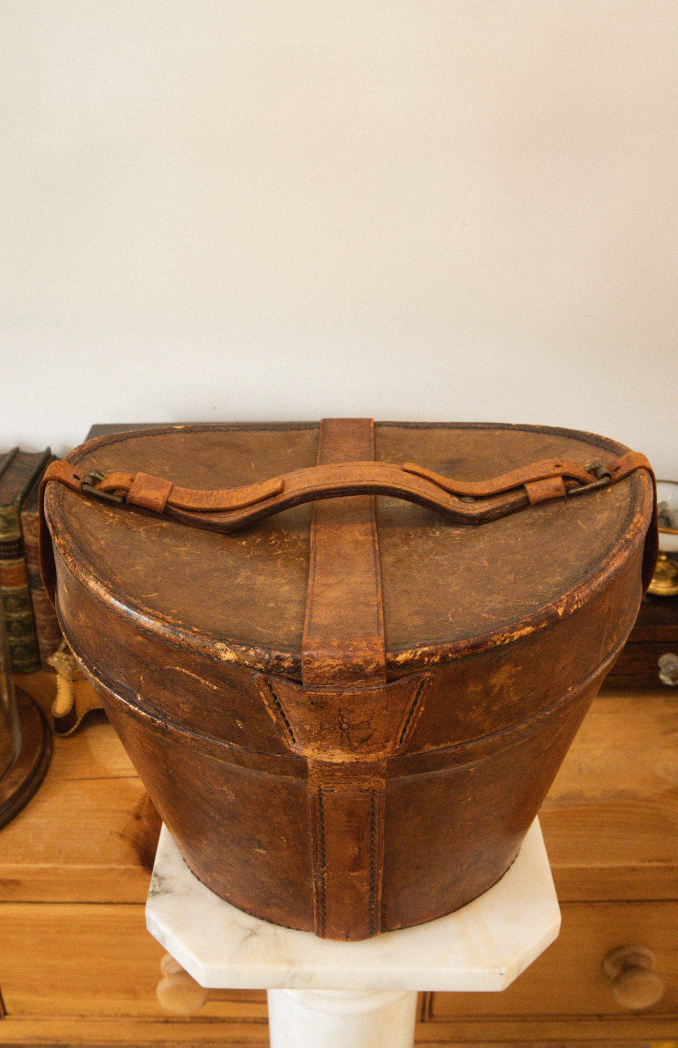 Antique Leather Hat Box with Top Hat