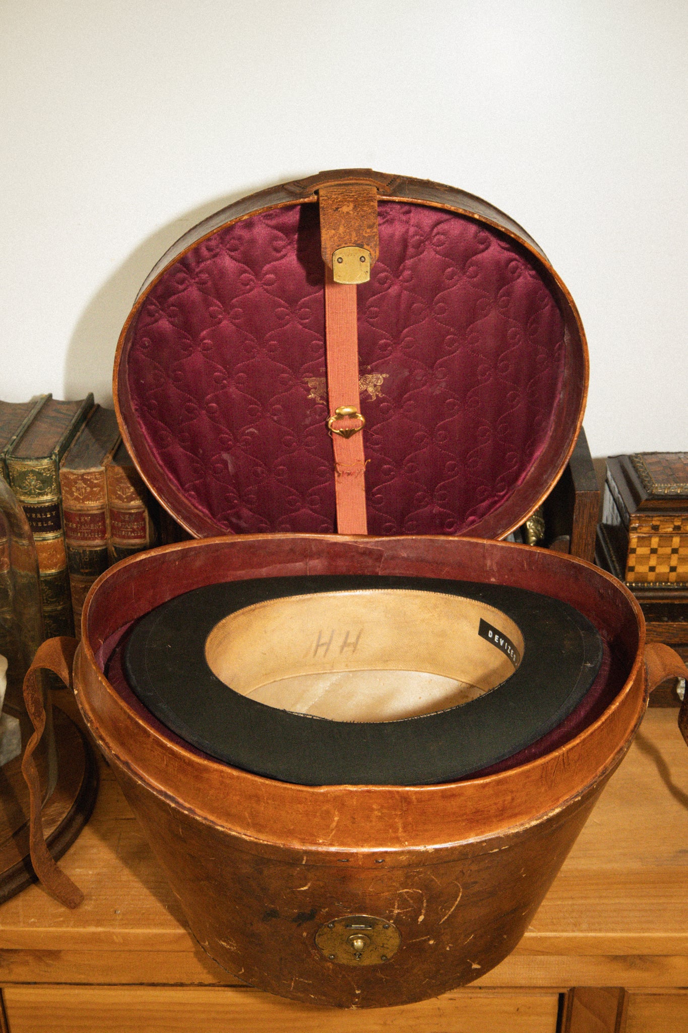 Antique Leather Hat Box with Top Hat