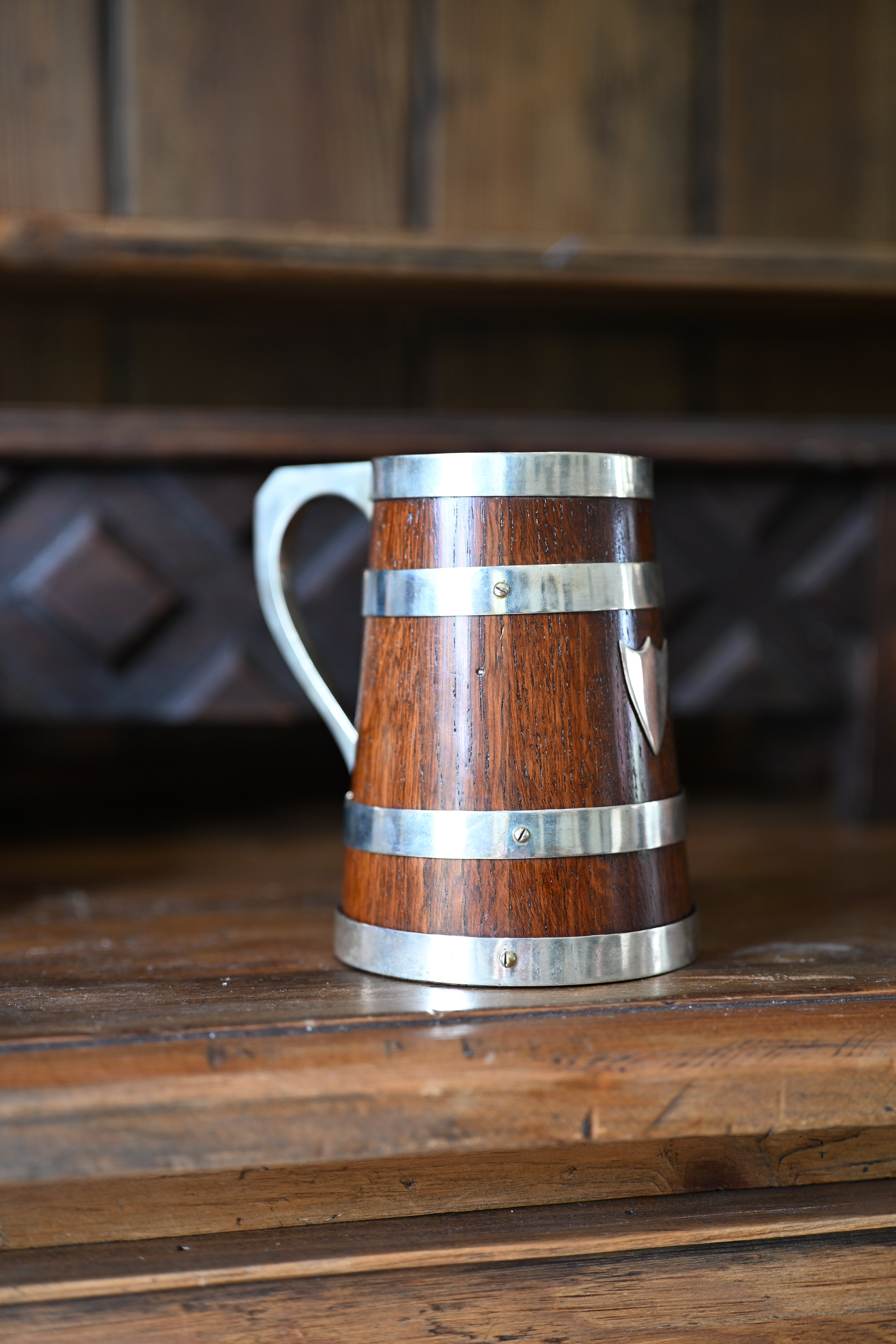 Antique English Oak and Silver Plate Tankard