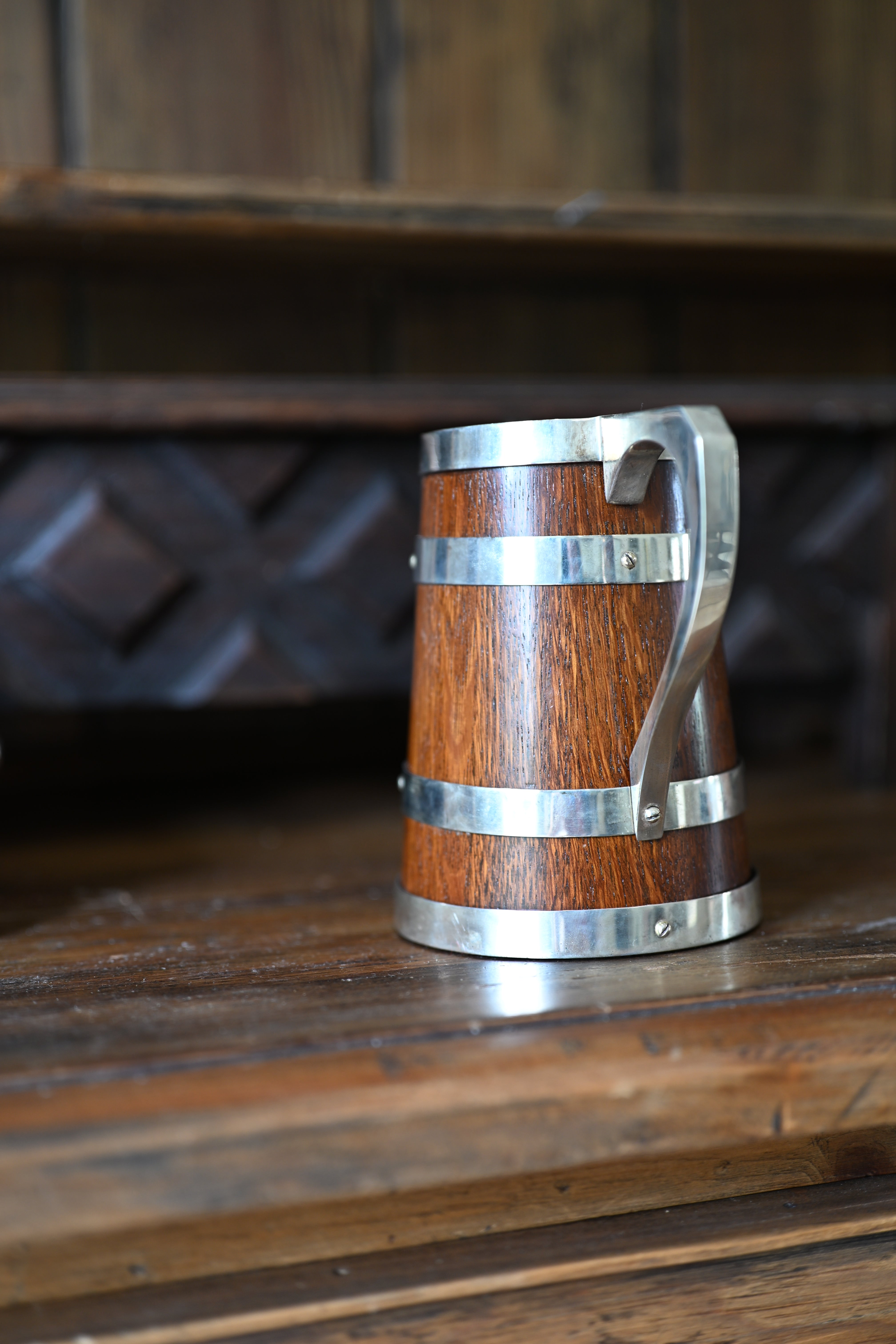 Antique English Oak and Silver Plate Tankard