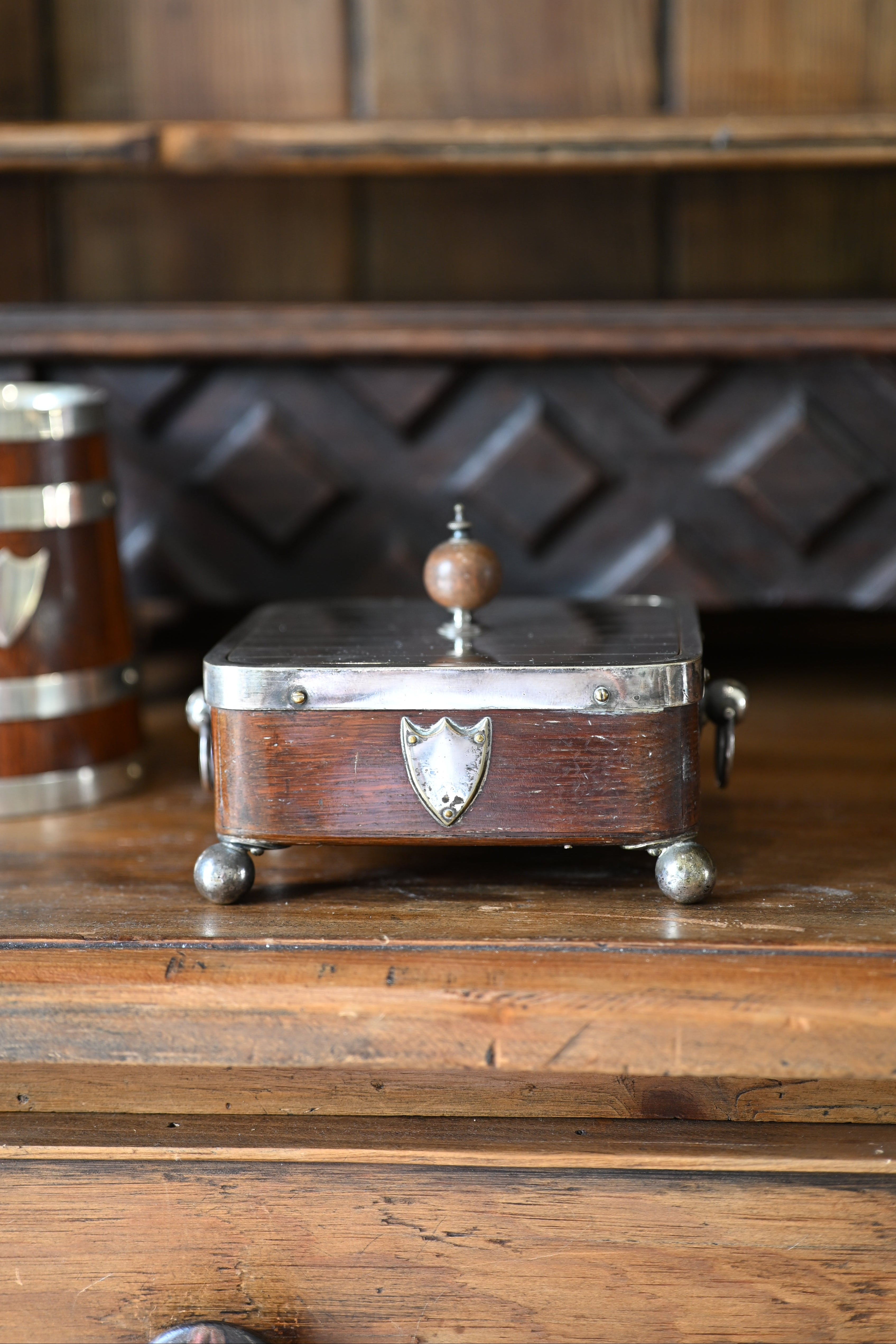 Edwardian English Oak and Silver Plate Footed Sardine/Butter Dish