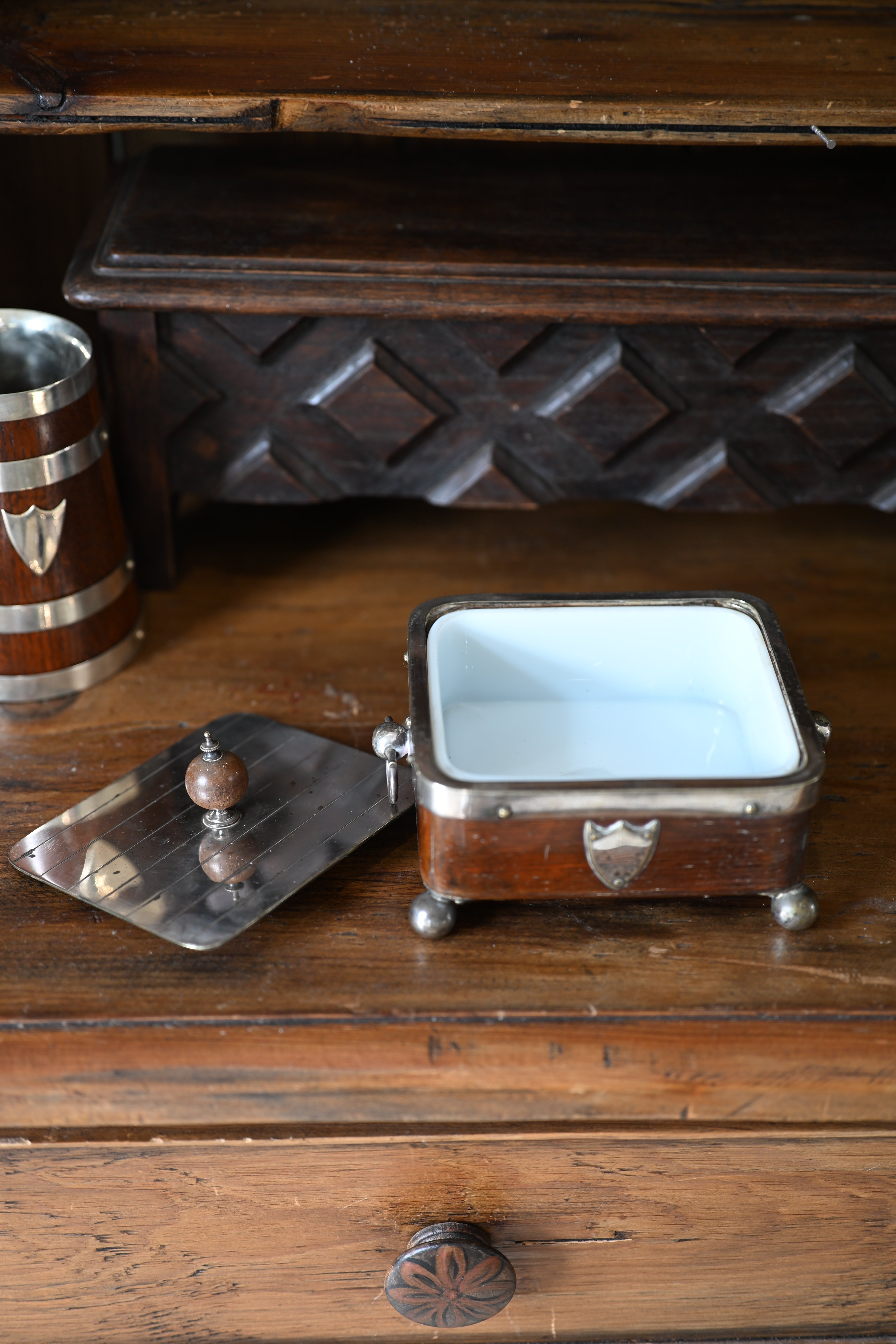 Edwardian English Oak and Silver Plate Footed Sardine/Butter Dish