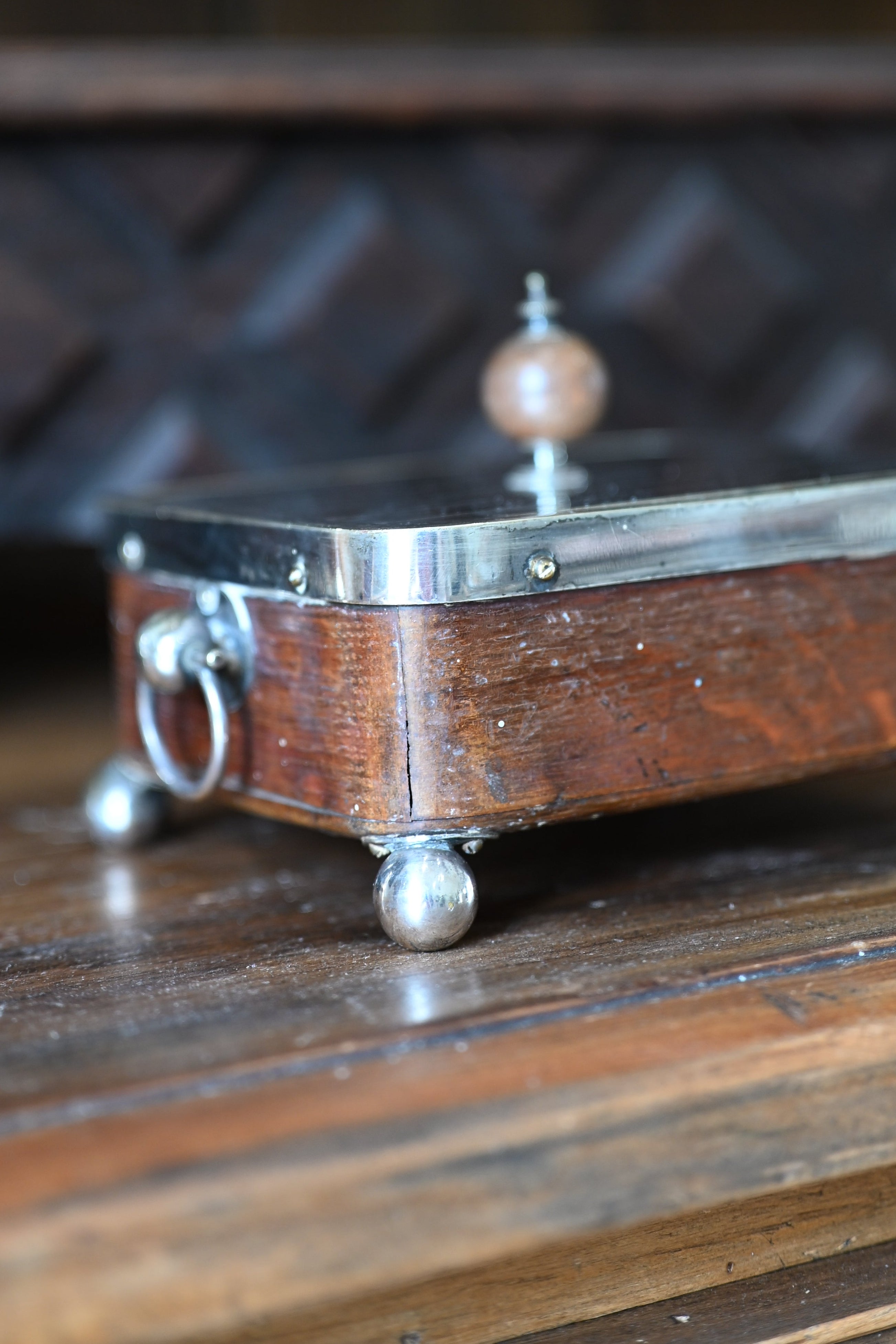 Edwardian English Oak and Silver Plate Footed Sardine/Butter Dish