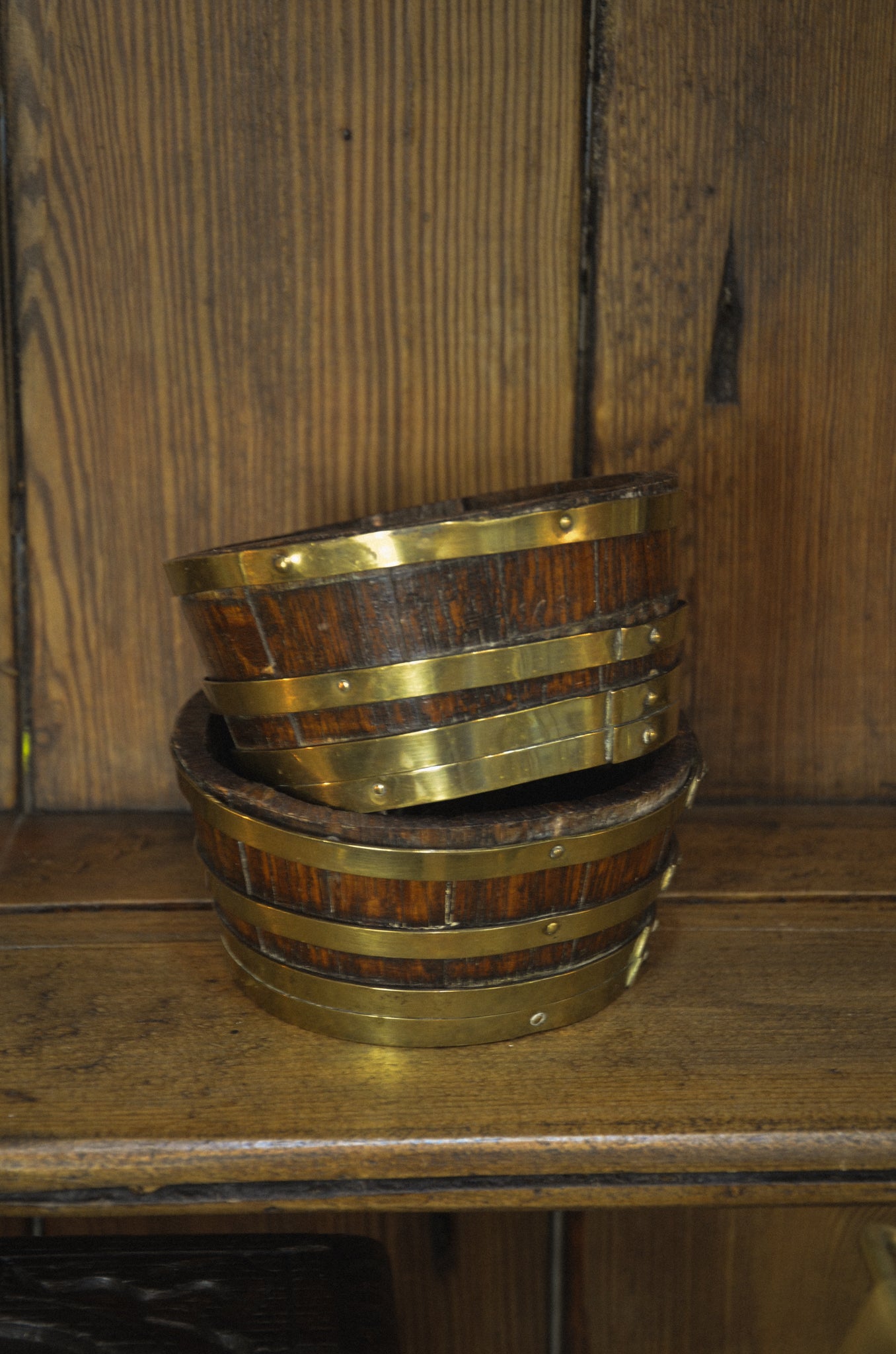 Edwardian Brass Bound Barrel Oak Butter Dishes