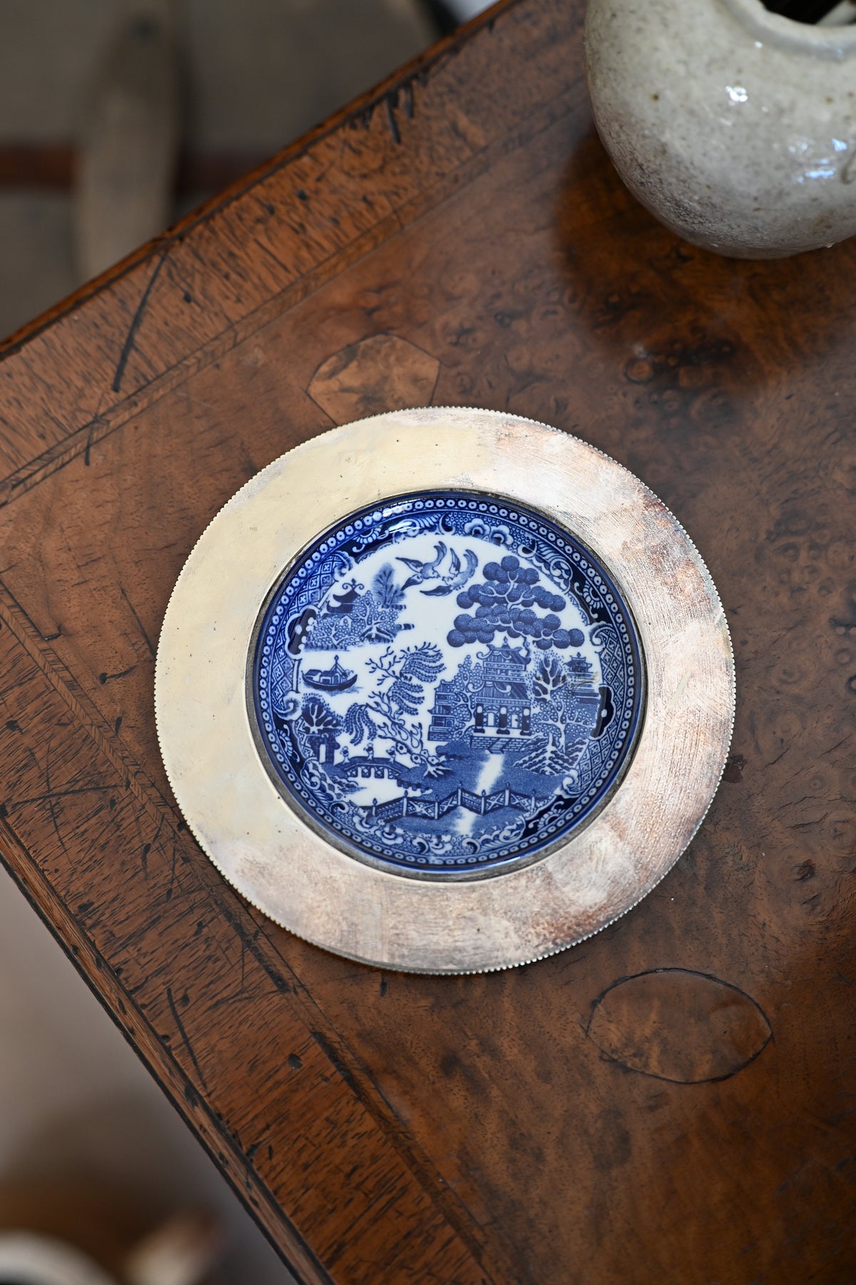 English Silverplate and Blue Willow Butter Dish