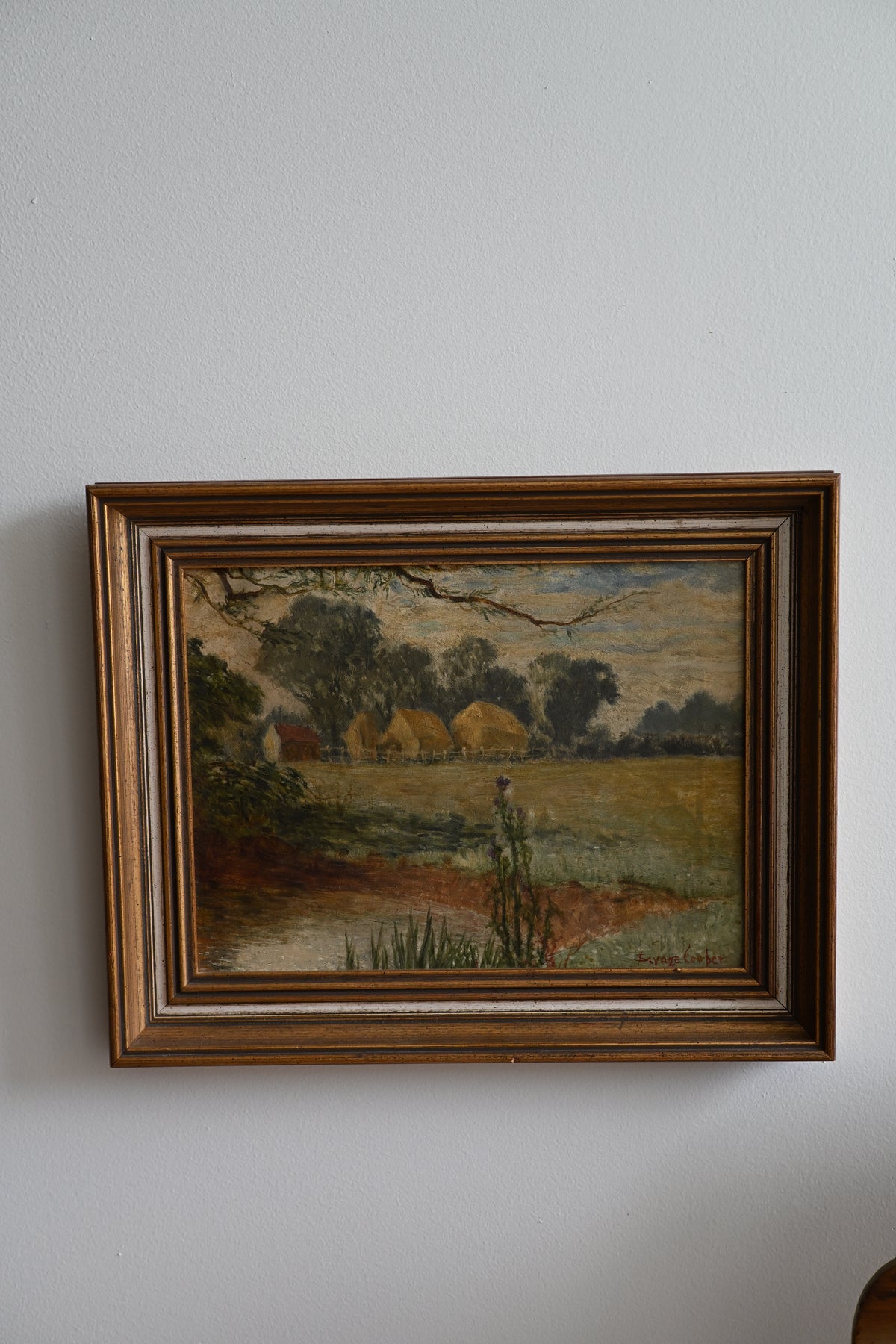 English Countryside Oil on Board Thatched Roof and Milk Thistles