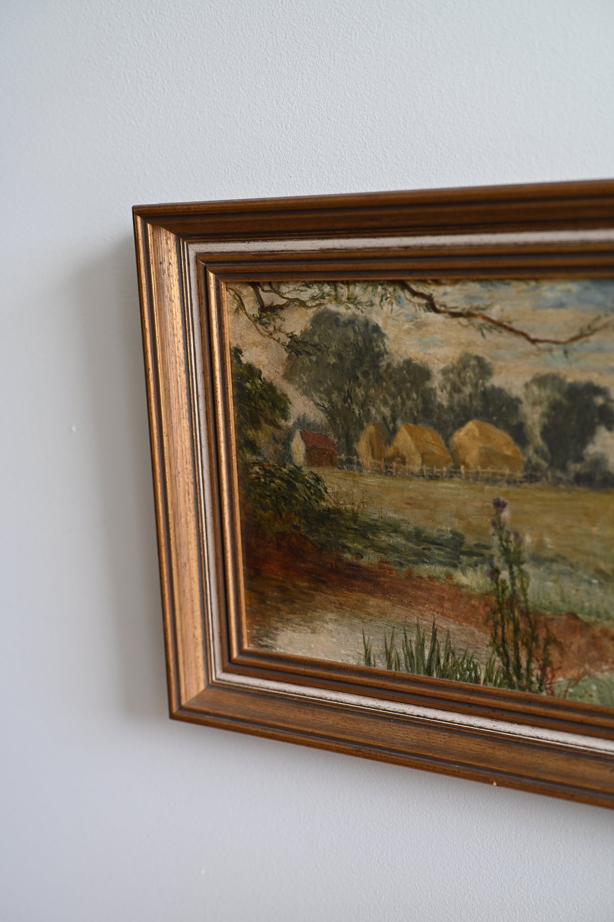 English Countryside Oil on Board Thatched Roof and Milk Thistles