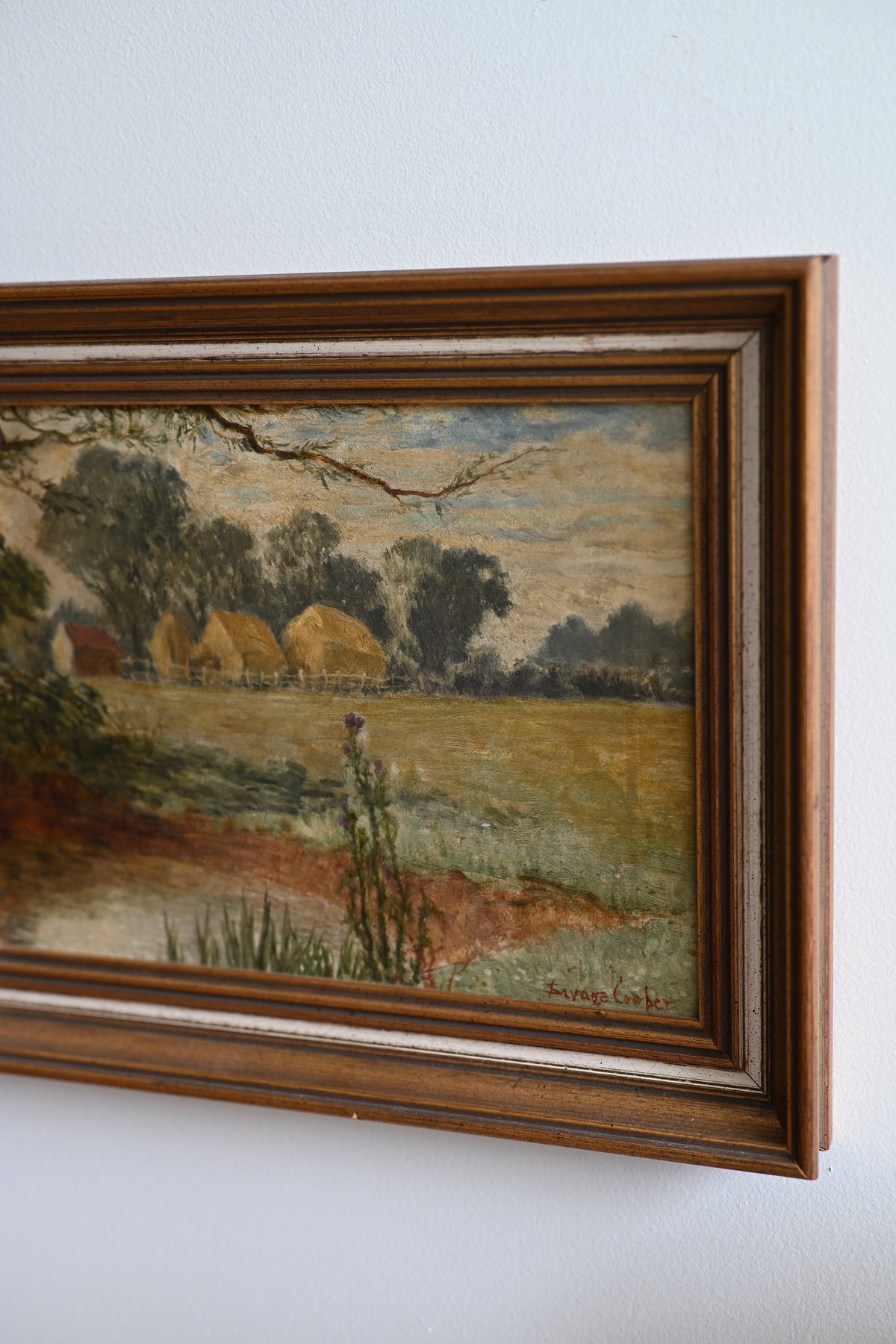 English Countryside Oil on Board Thatched Roof and Milk Thistles