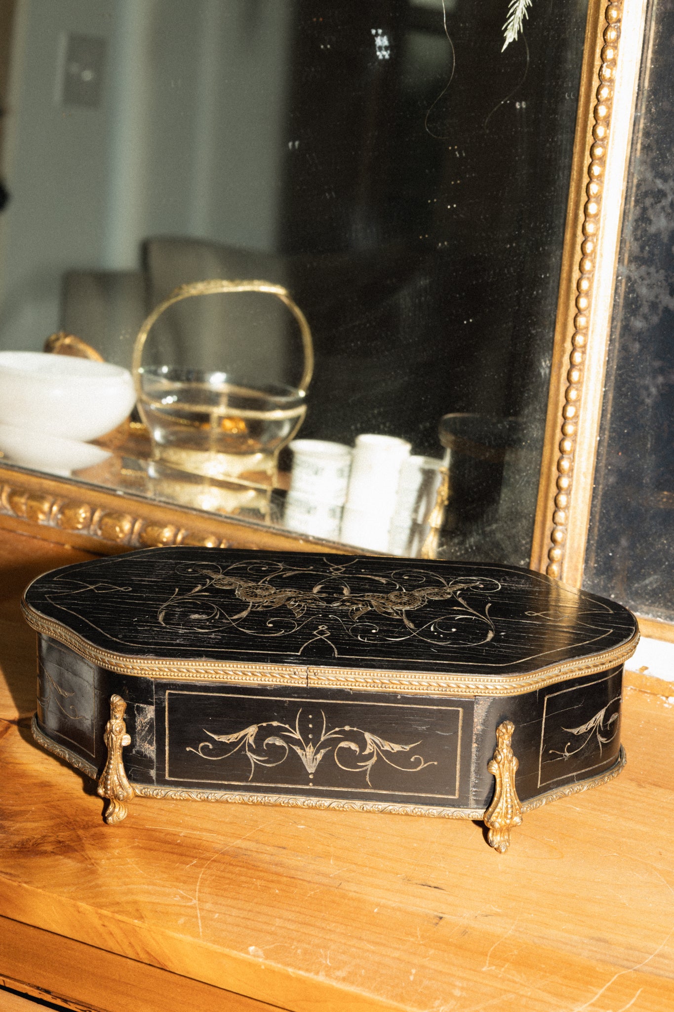 Antique French Black & Bronze Jewelry Box