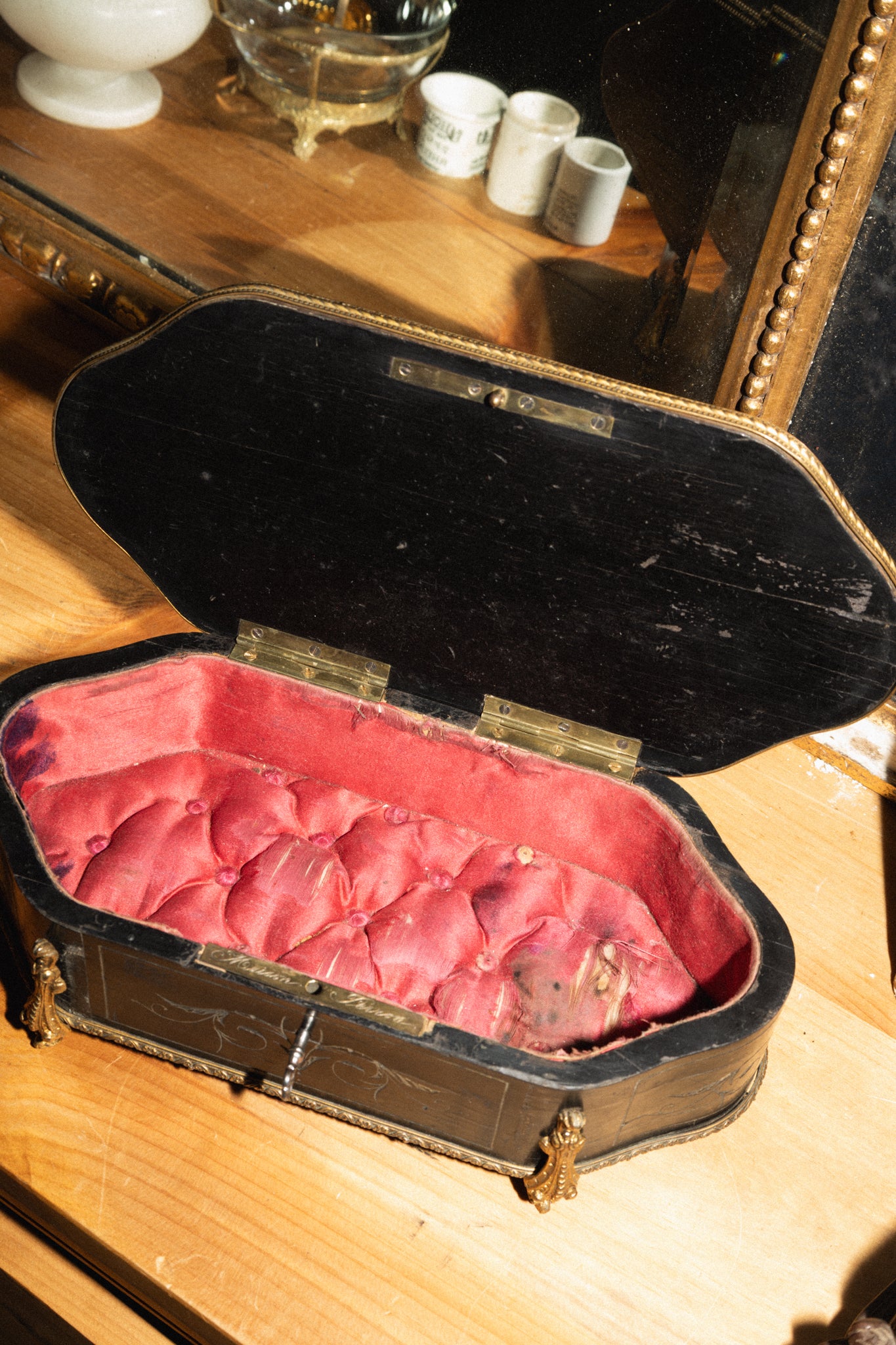 Antique French Black & Bronze Jewelry Box