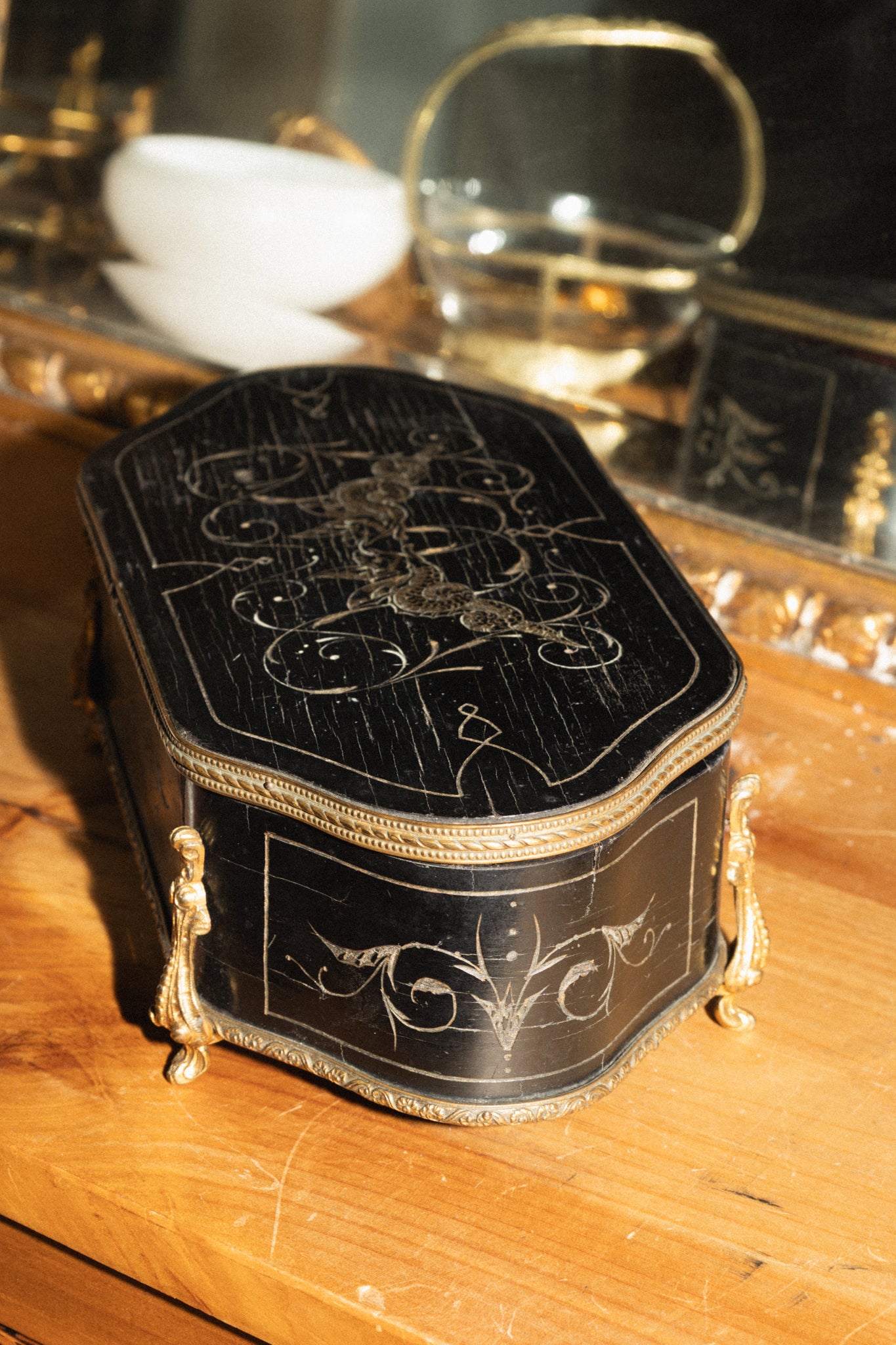 Antique French Black & Bronze Jewelry Box