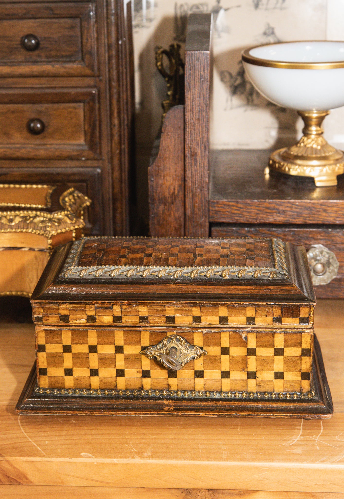 Antique French Marquetry Inlay Jewelry Casket