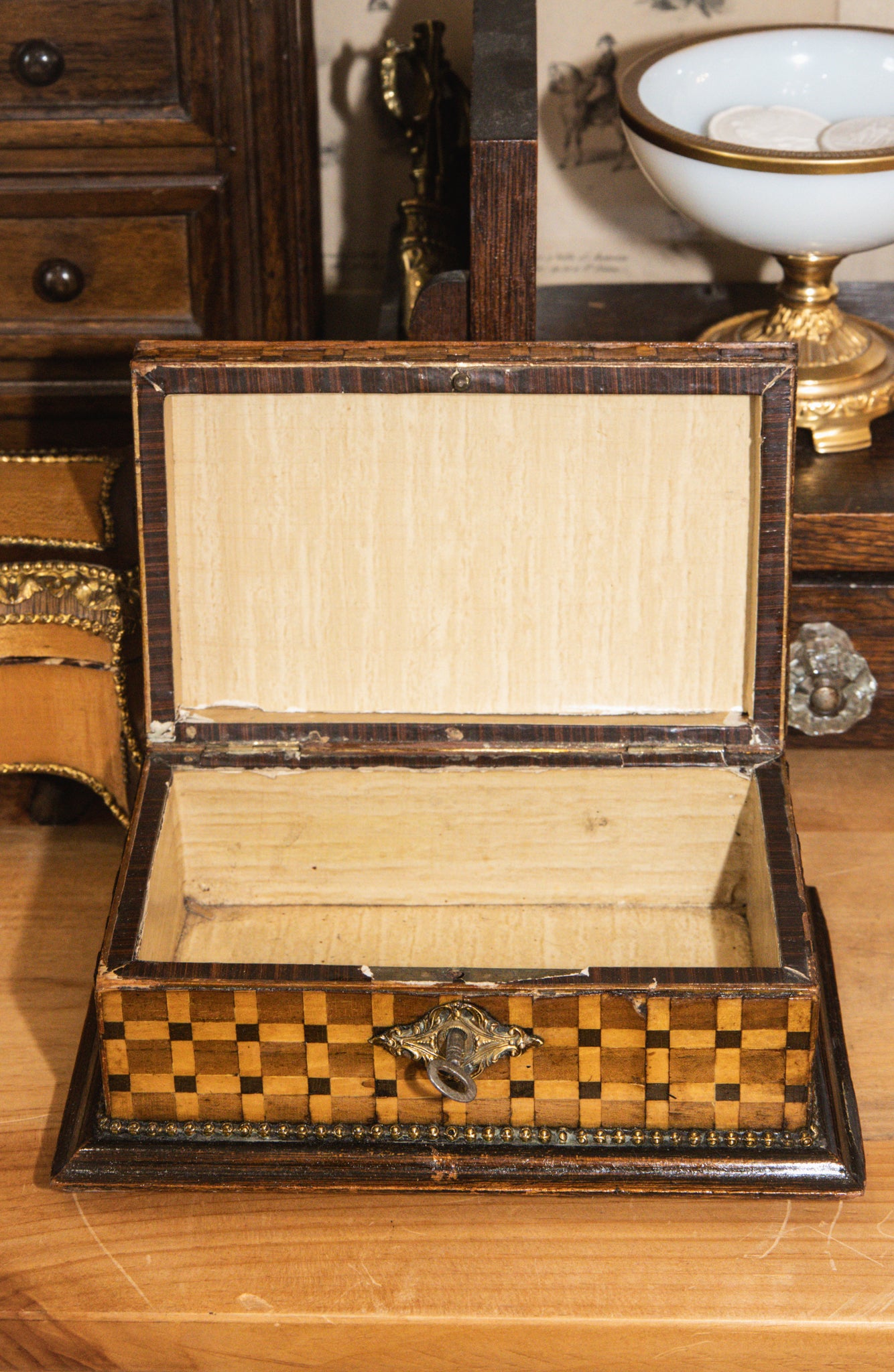 Antique French Marquetry Inlay Jewelry Casket
