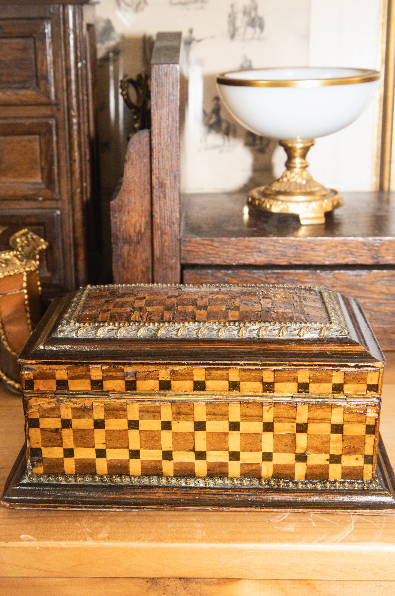 Antique French Marquetry Inlay Jewelry Casket