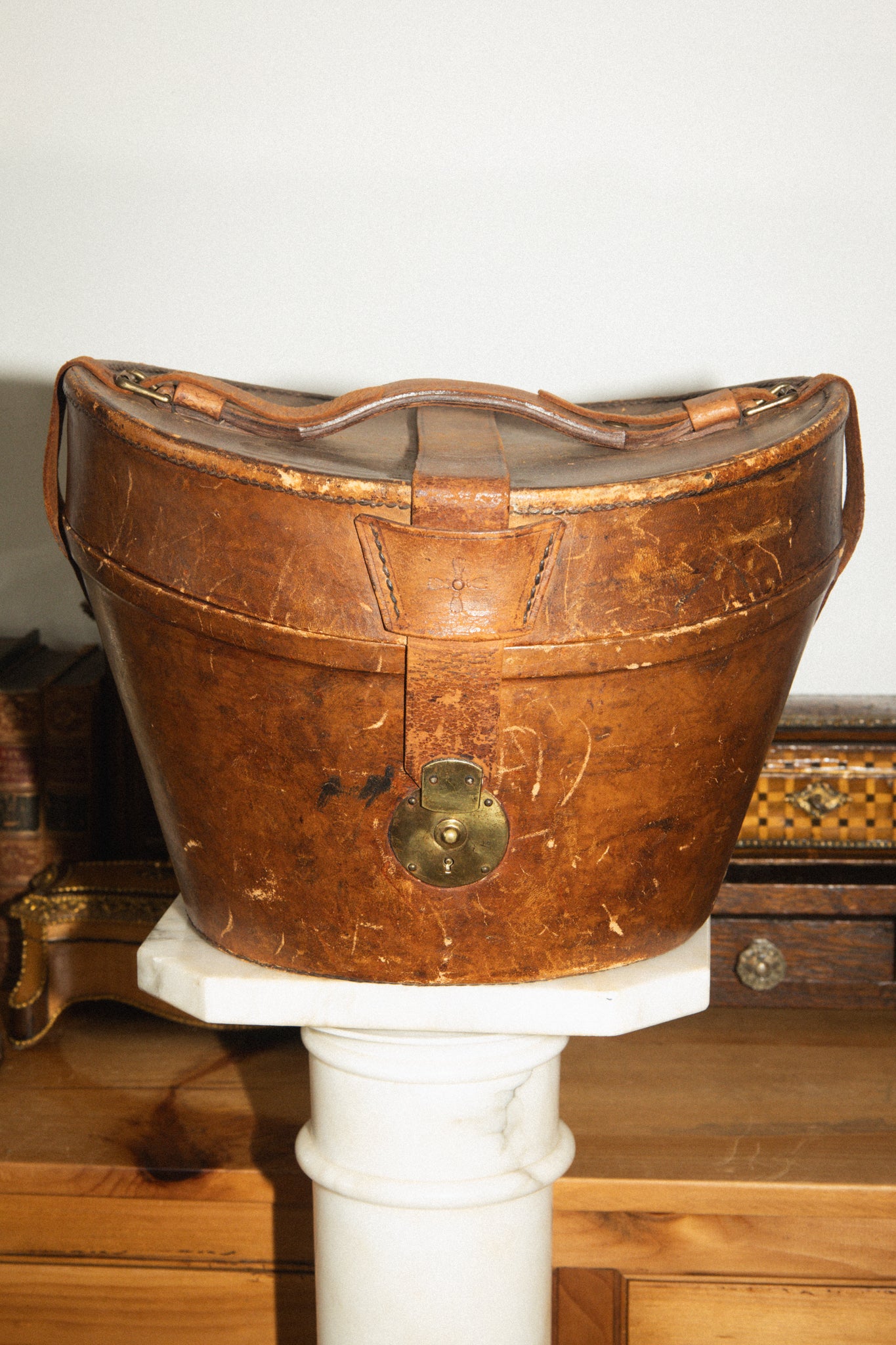 Antique Leather Hat Box with Top Hat