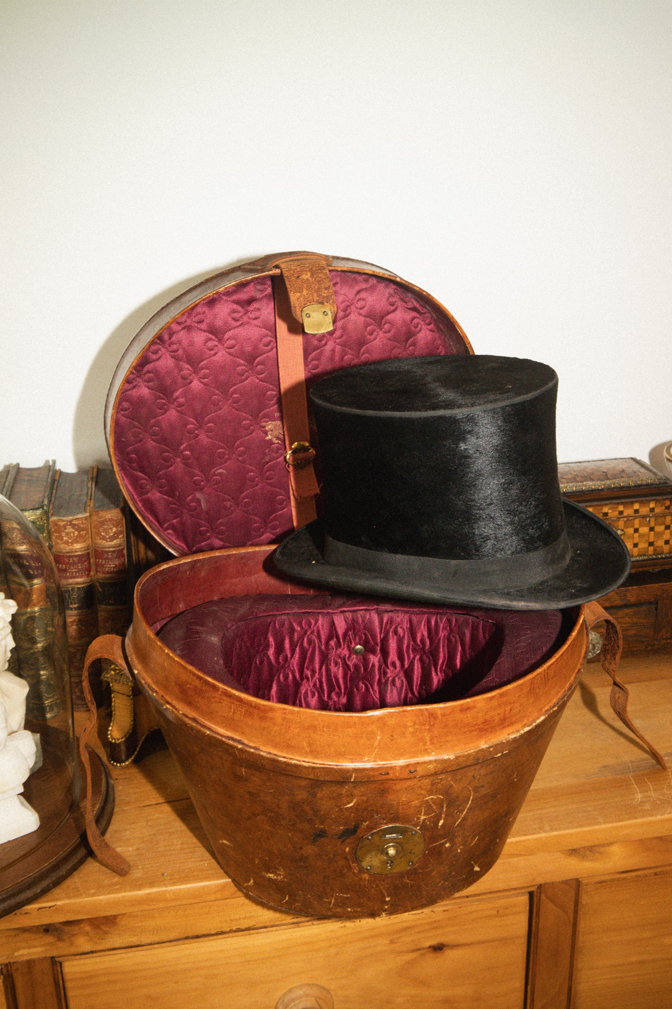 Antique Leather Hat Box with Top Hat