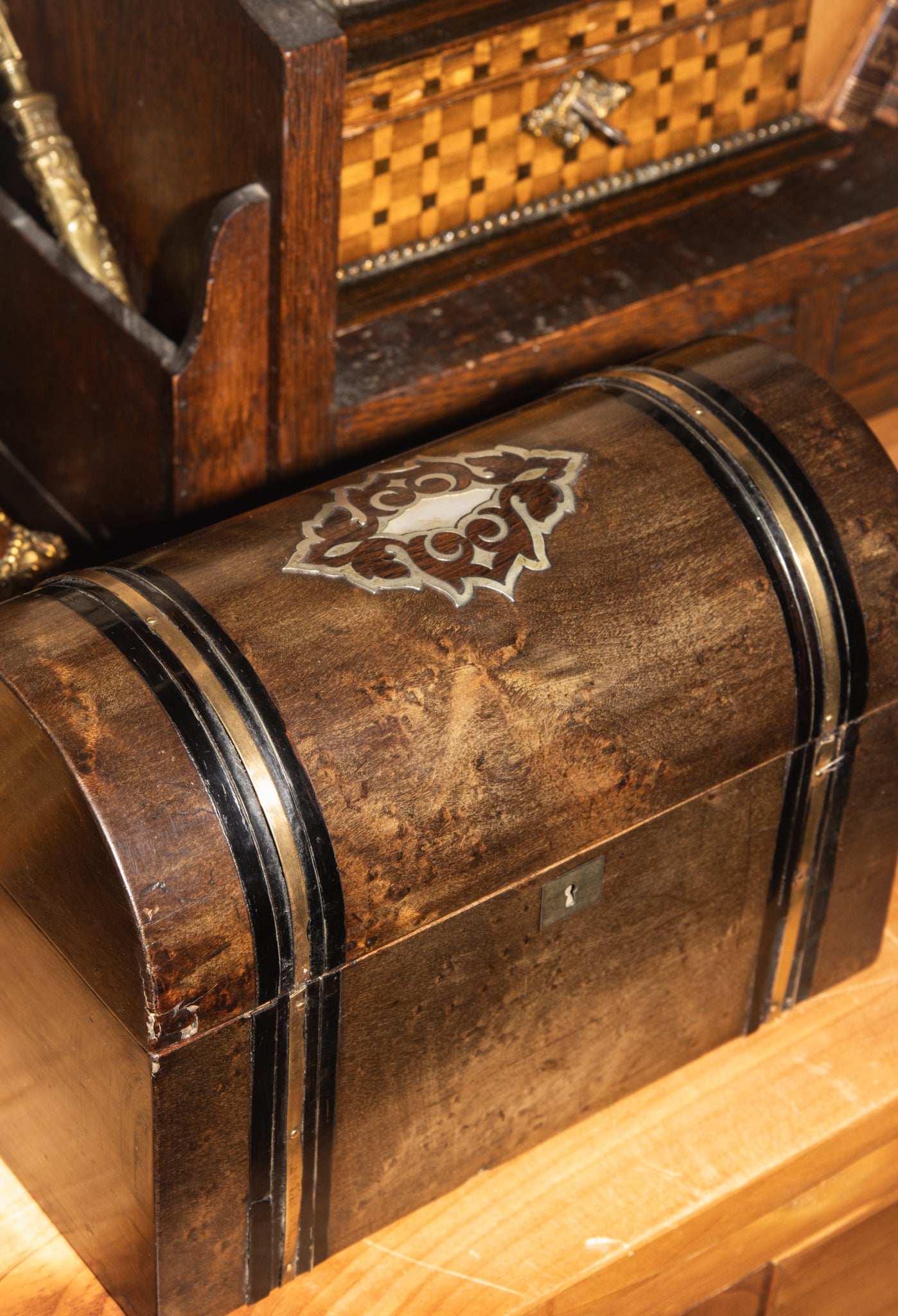 English Domed Mother of Pearl Wooden Stationary Box