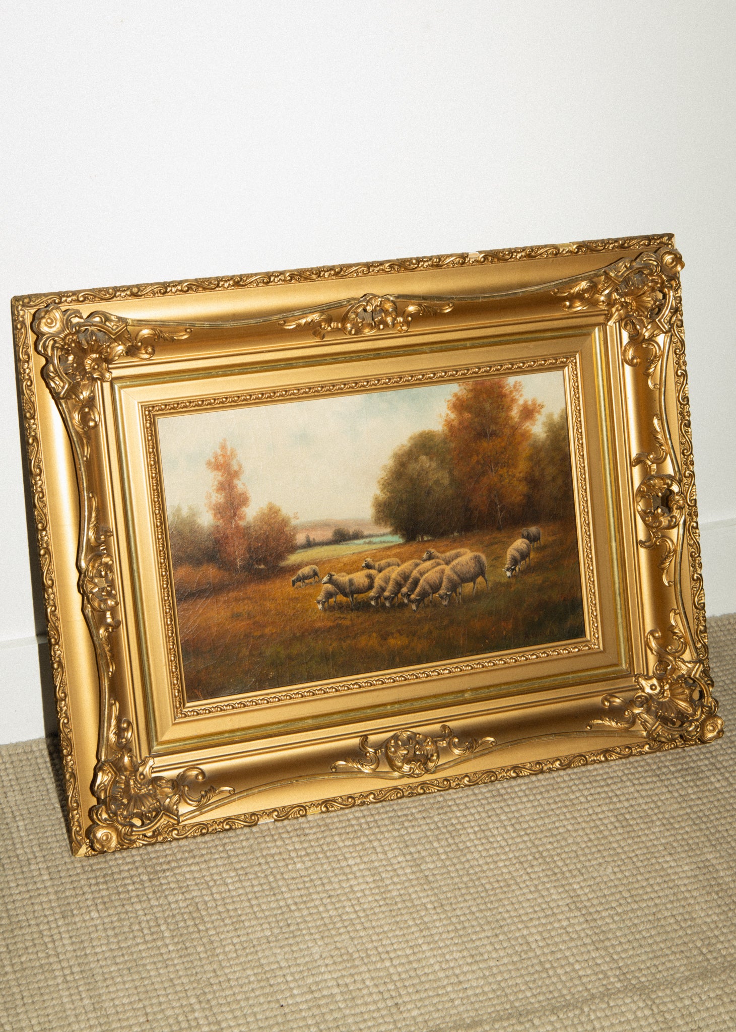 English Country Sheep Pastoral Oil on Canvas