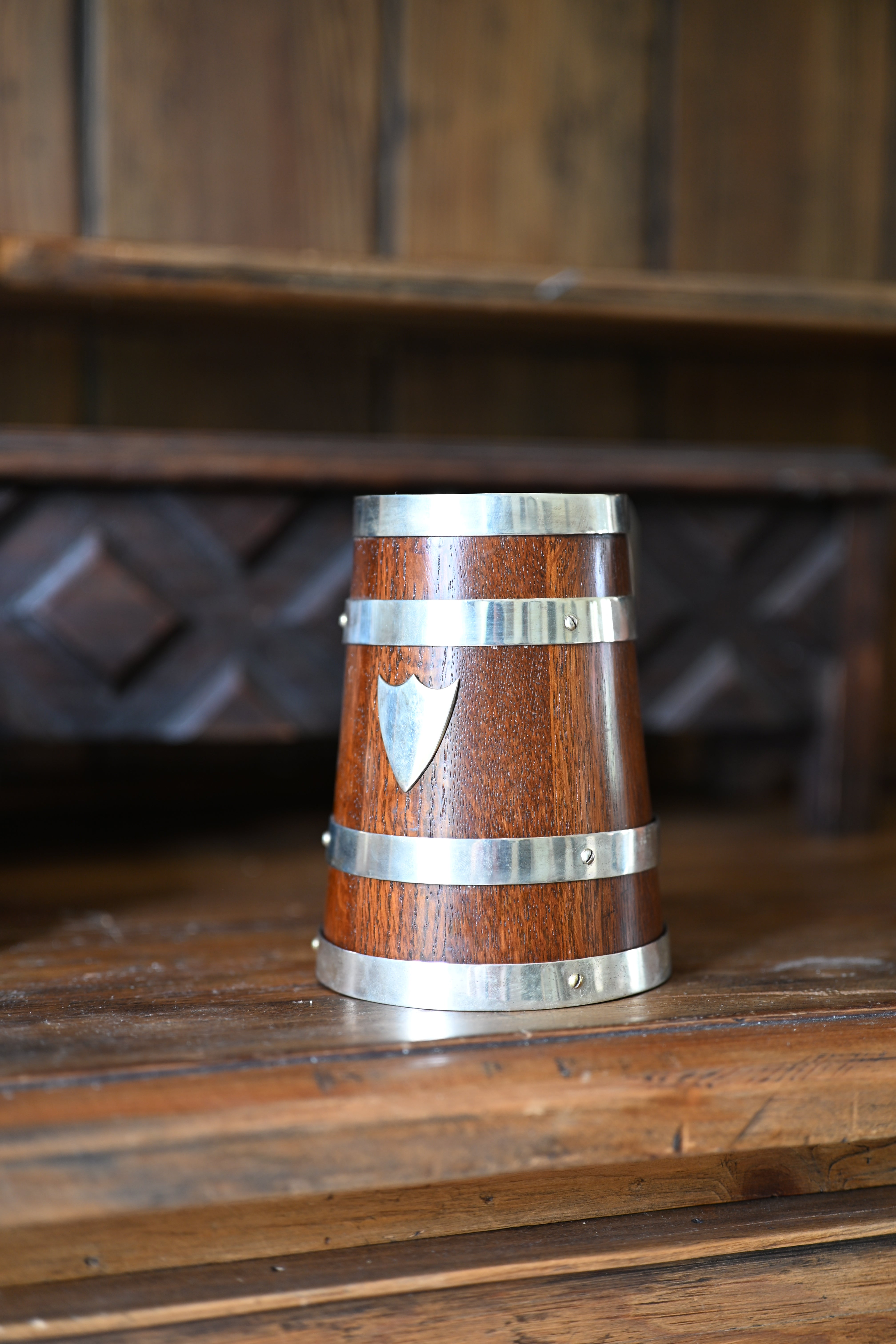 Antique English Oak and Silver Plate Tankard