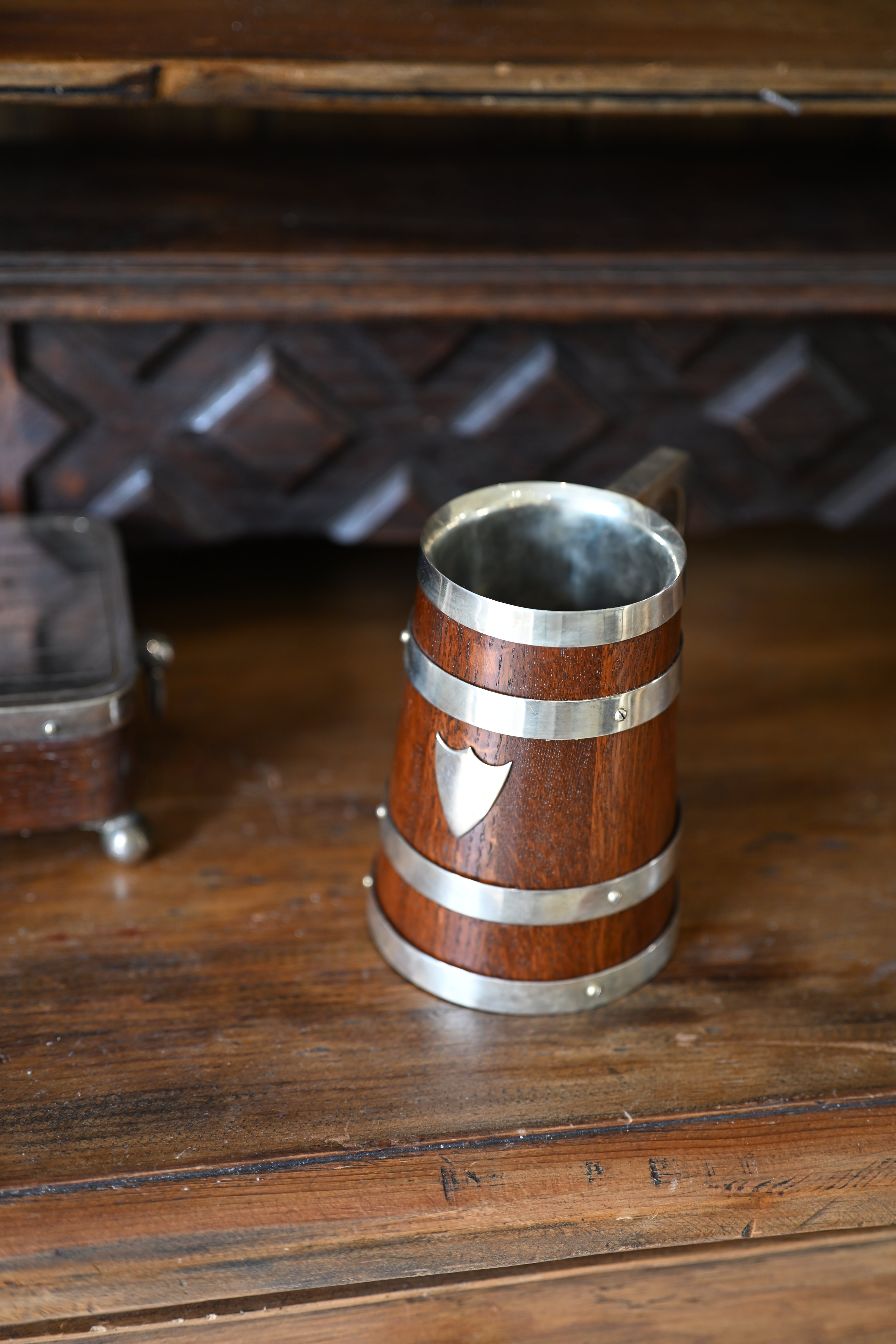 Antique English Oak and Silver Plate Tankard