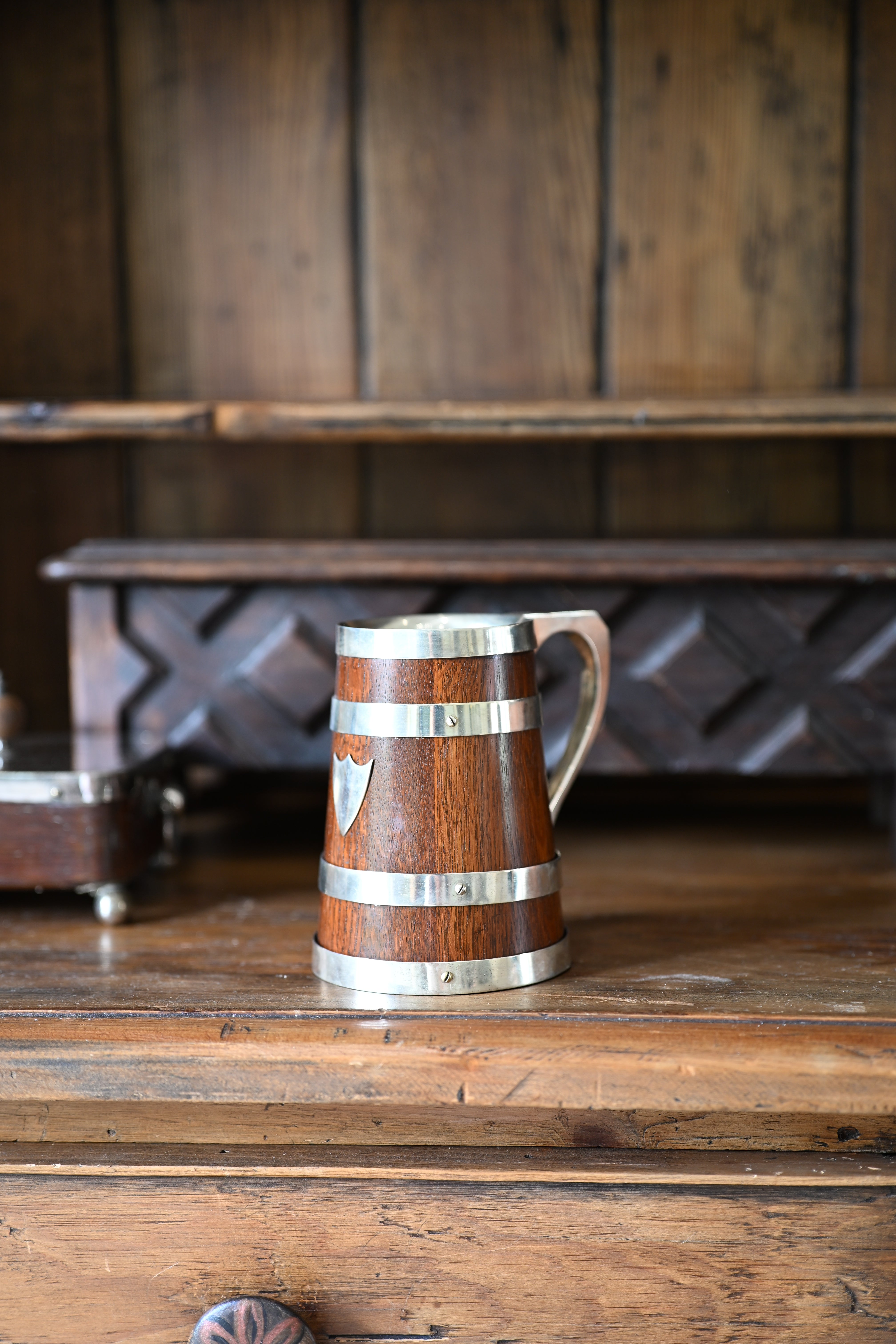 Antique English Oak and Silver Plate Tankard