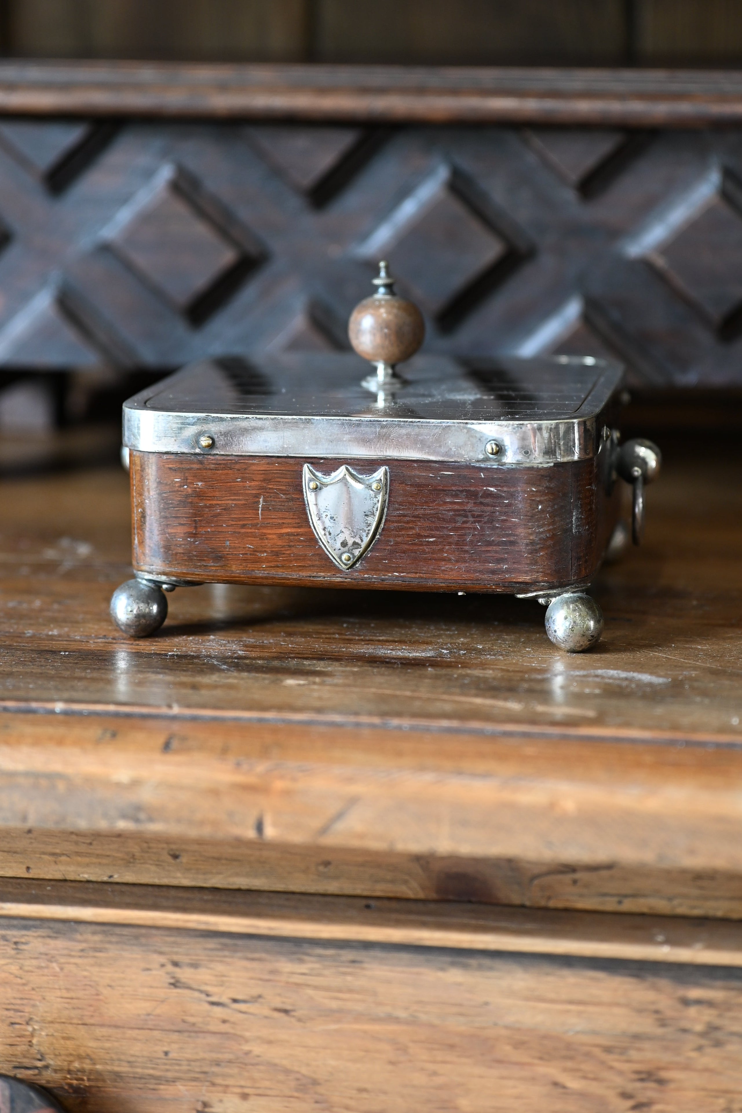 Edwardian English Oak and Silver Plate Footed Sardine/Butter Dish