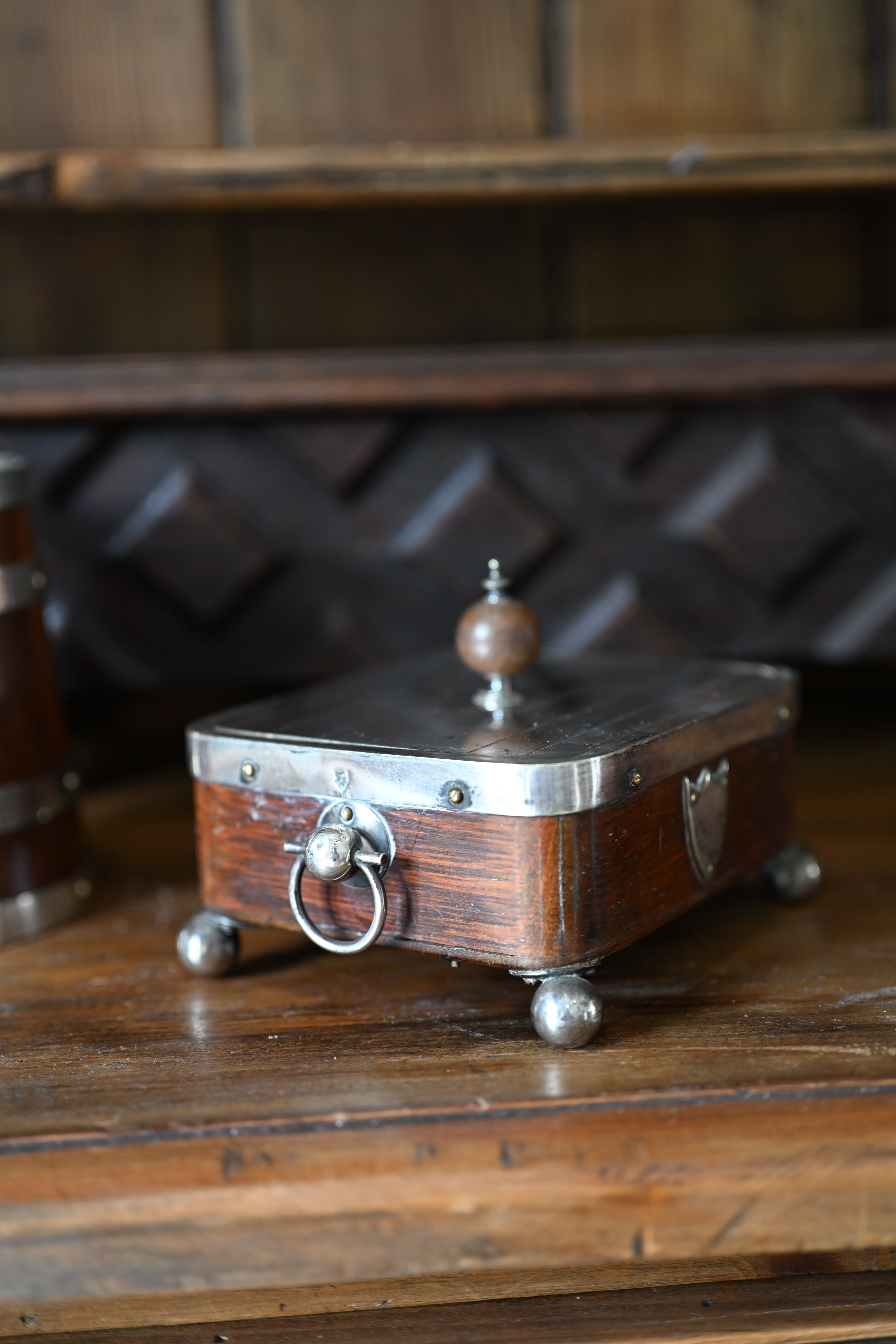 Edwardian English Oak and Silver Plate Footed Sardine/Butter Dish