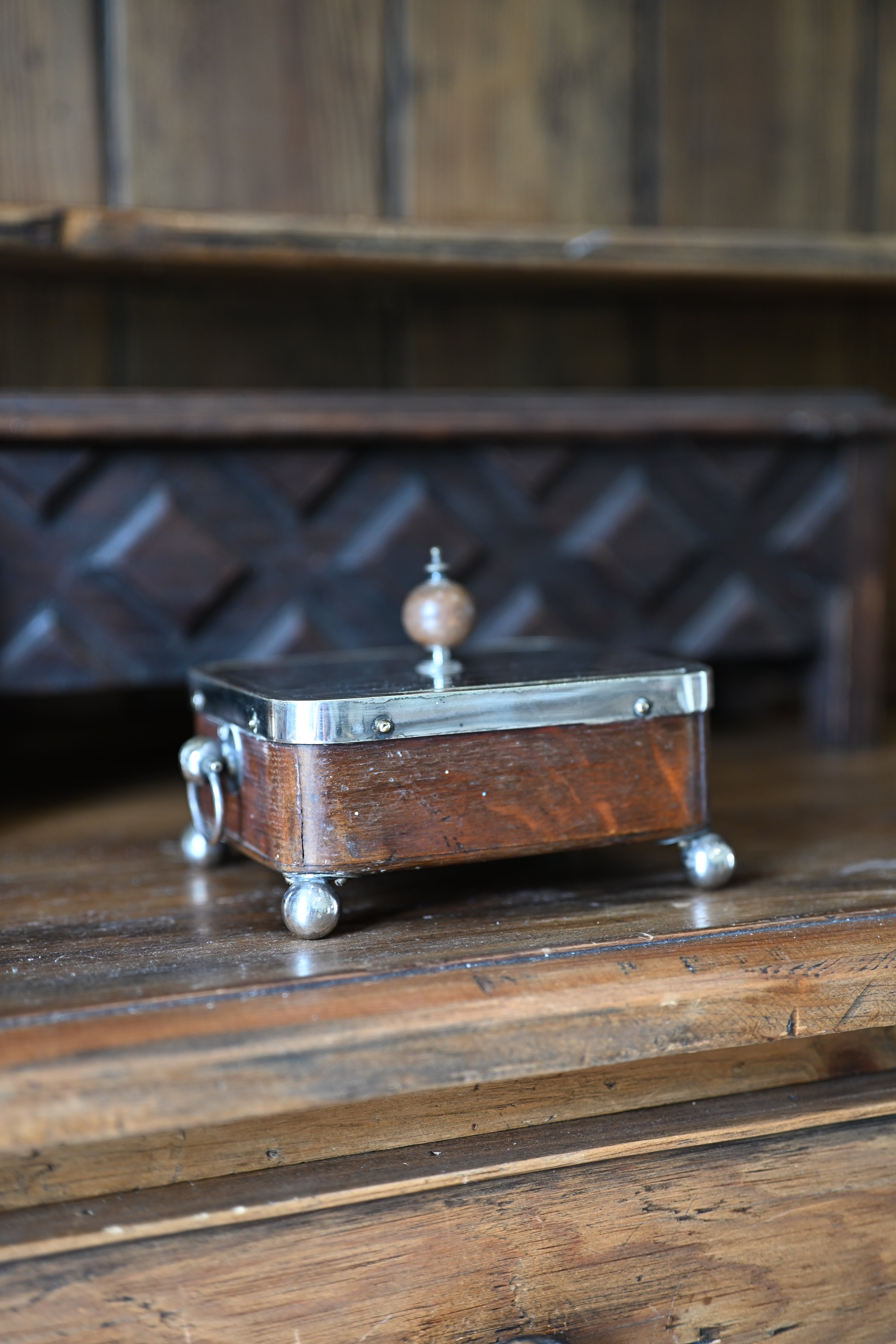Edwardian English Oak and Silver Plate Footed Sardine/Butter Dish