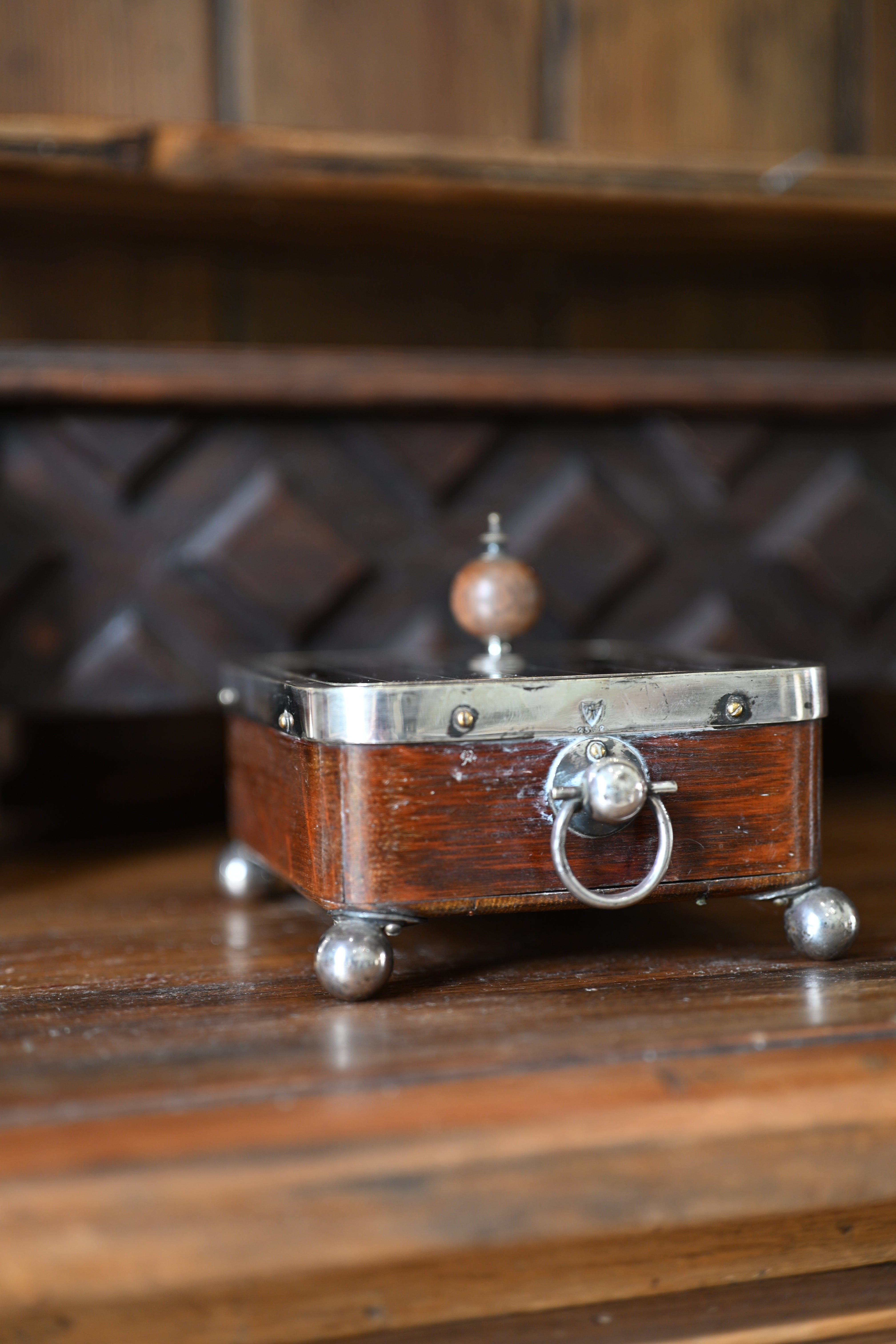Edwardian English Oak and Silver Plate Footed Sardine/Butter Dish