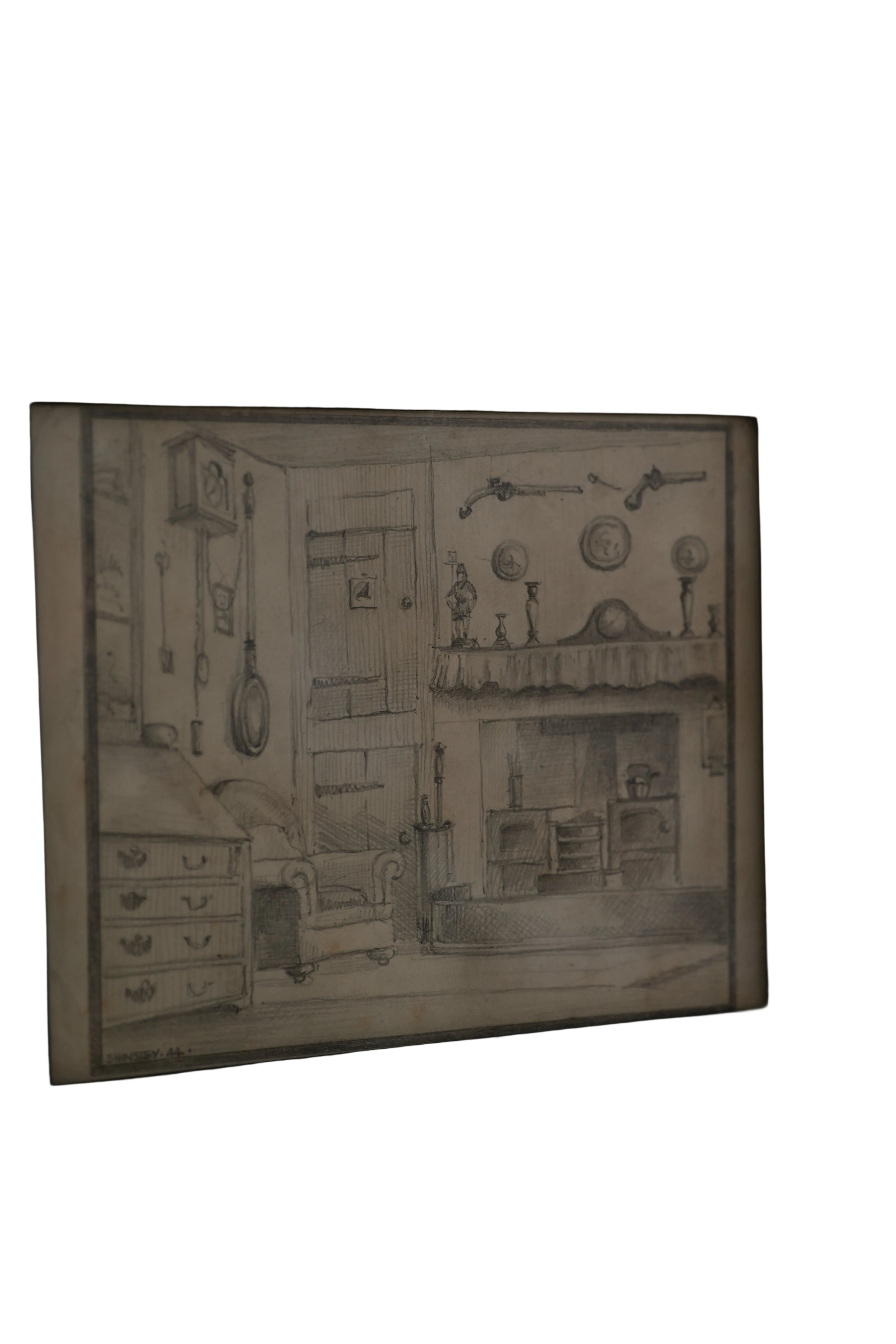 Vintage Pencil Sketch ‘Cottage Interior’