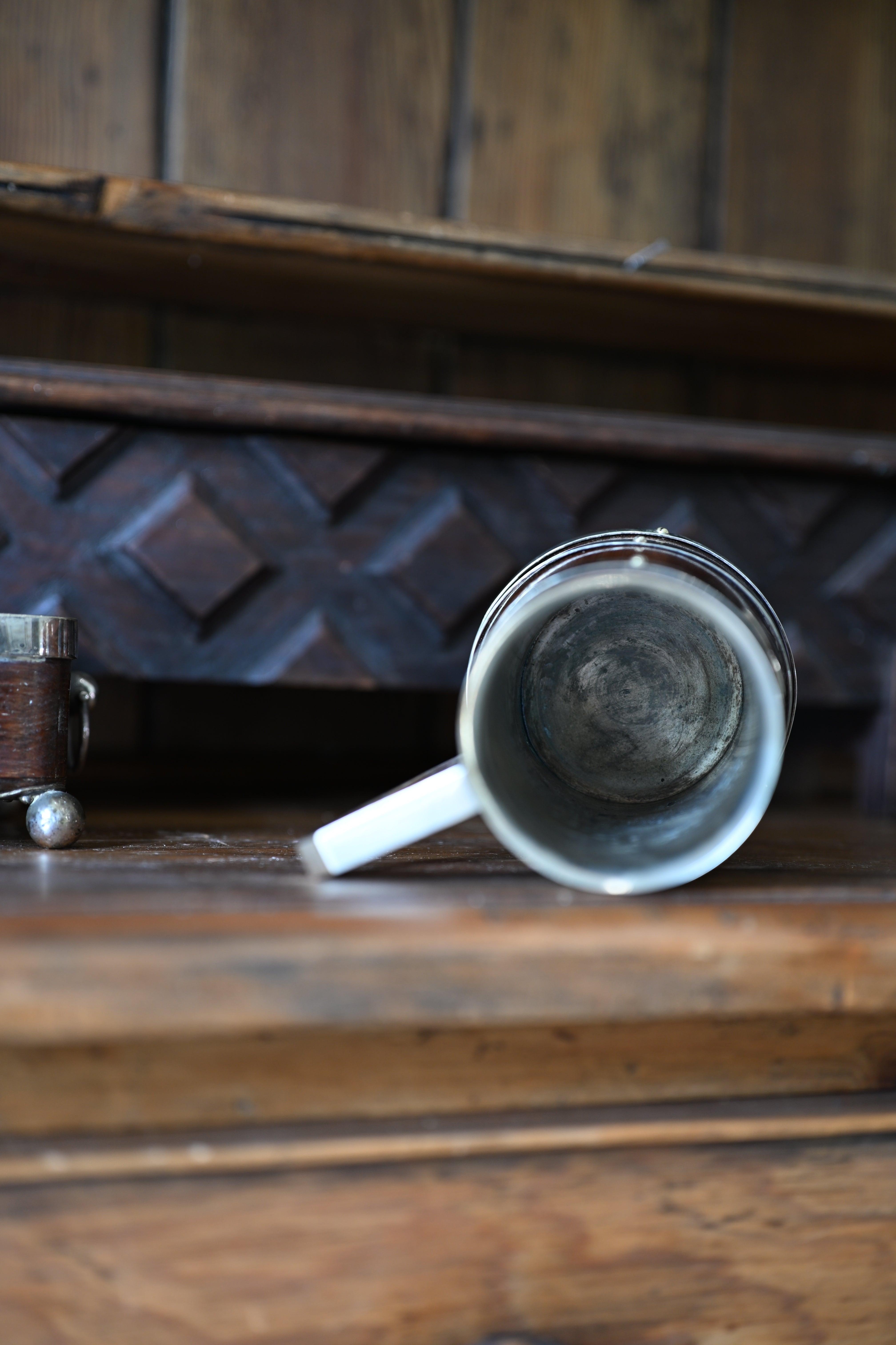 Antique English Oak and Silver Plate Tankard