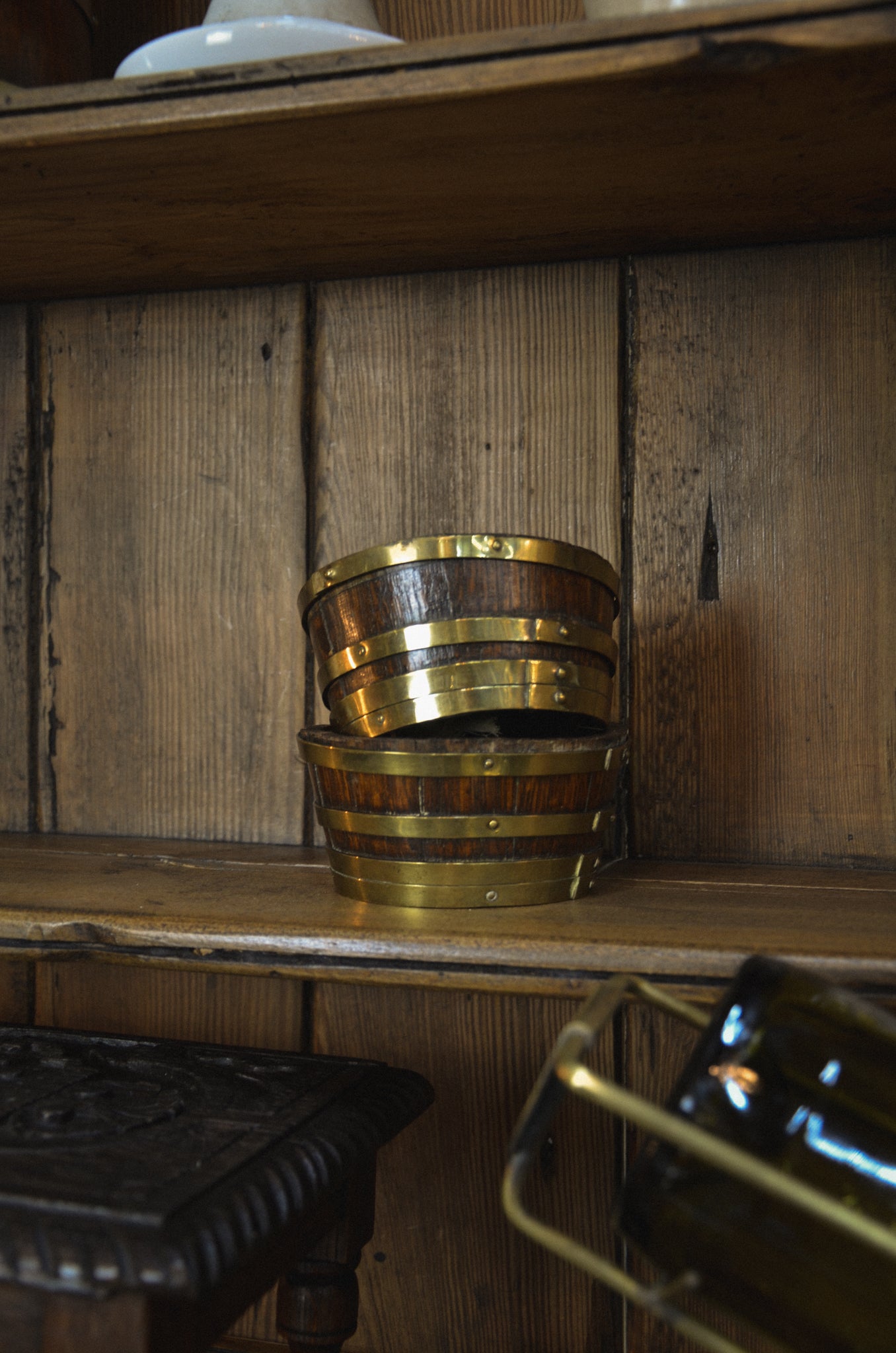 Edwardian Brass Bound Barrel Oak Butter Dishes