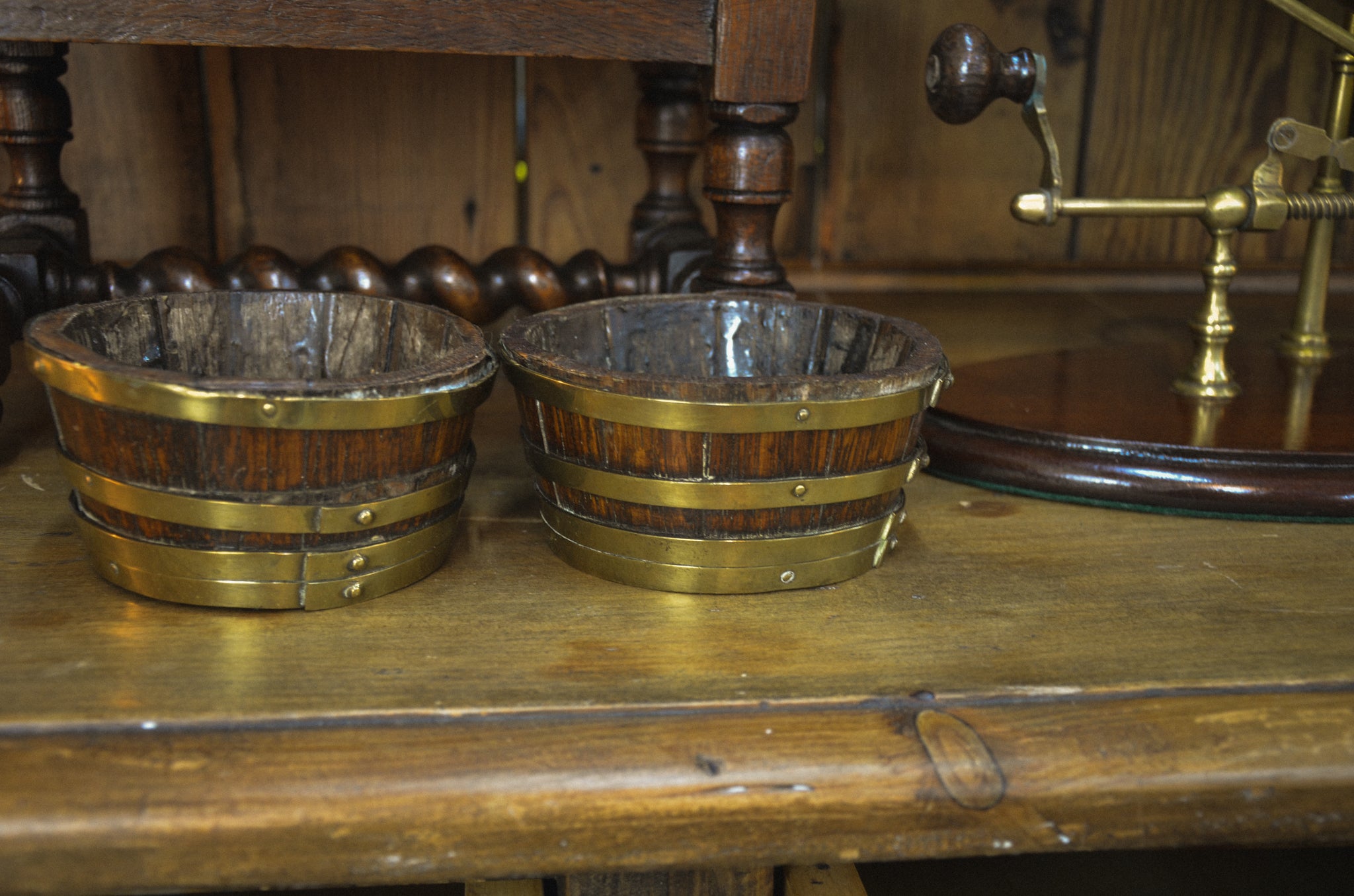 Edwardian Brass Bound Barrel Oak Butter Dishes