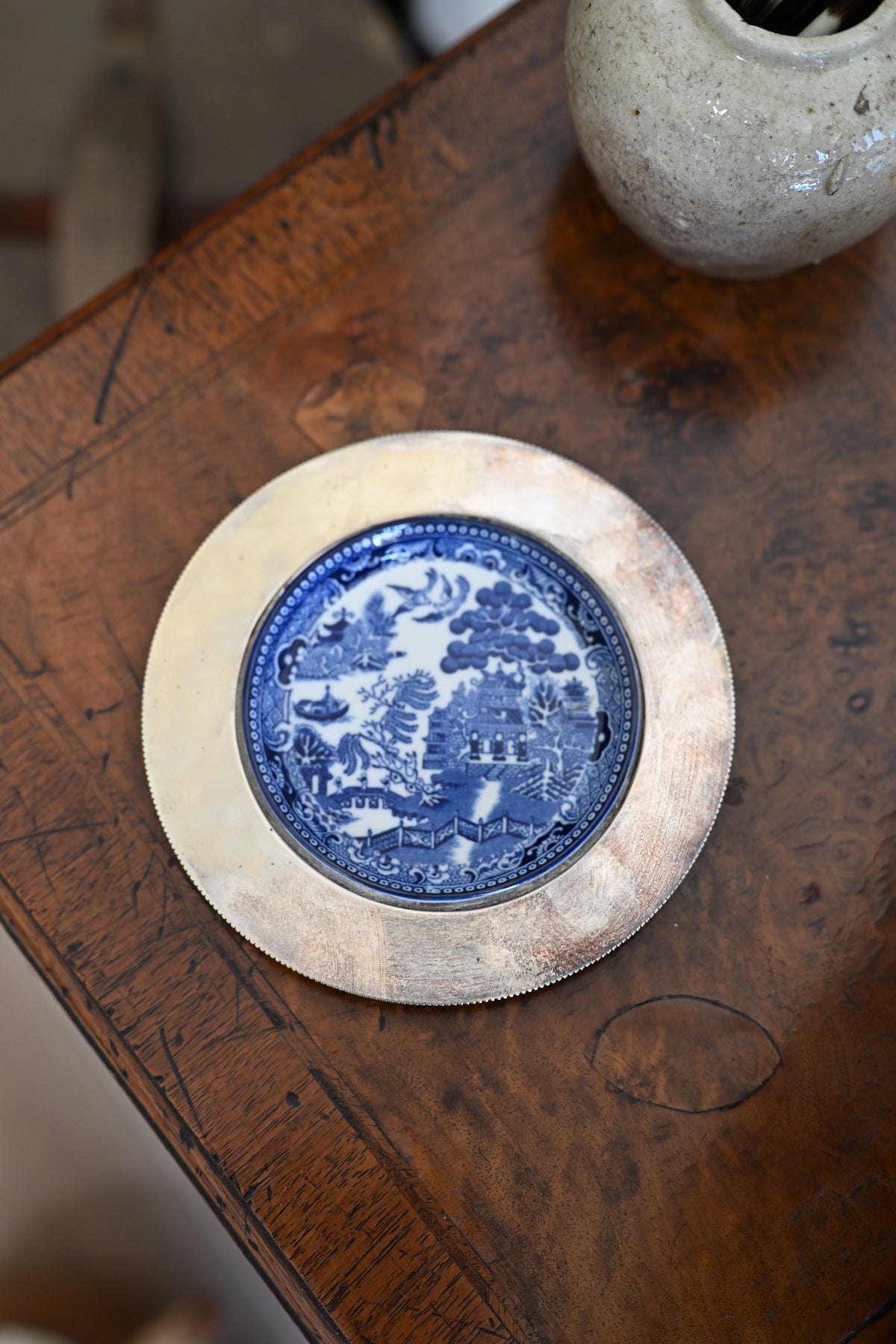 English Silverplate and Blue Willow Butter Dish