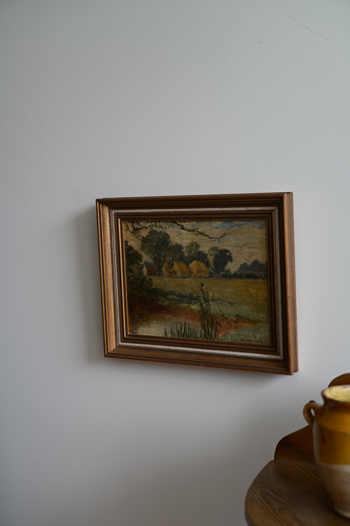English Countryside Oil on Board Thatched Roof and Milk Thistles