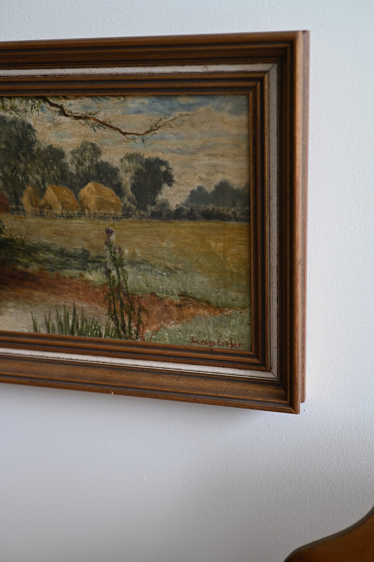 English Countryside Oil on Board Thatched Roof and Milk Thistles